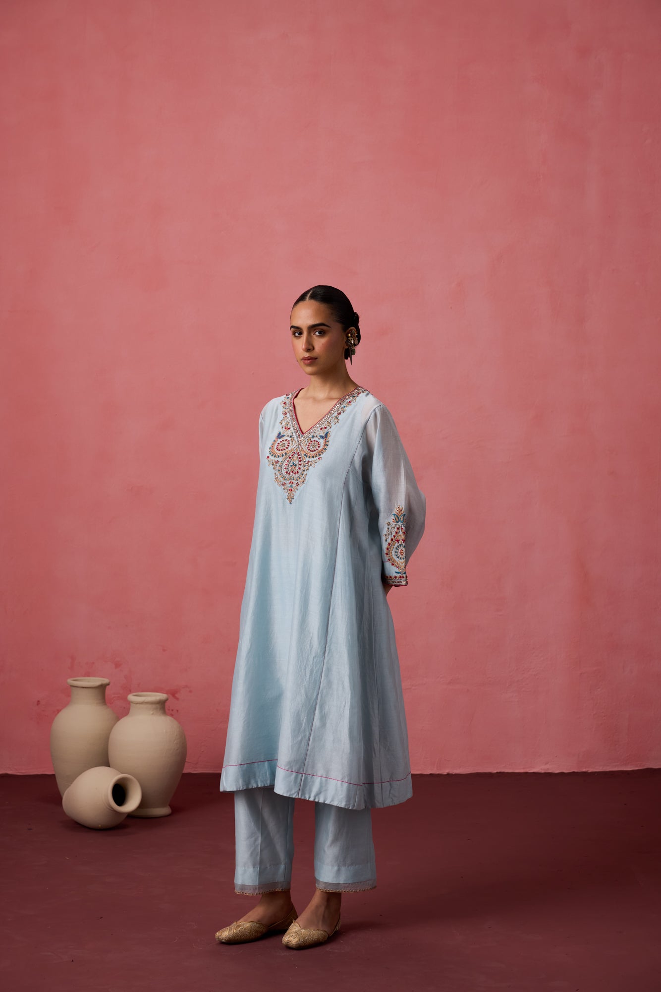 Sky blue chanderi dori work and french knot embroidered kurta paired with organic cotton slip, pant & organza dupatta
