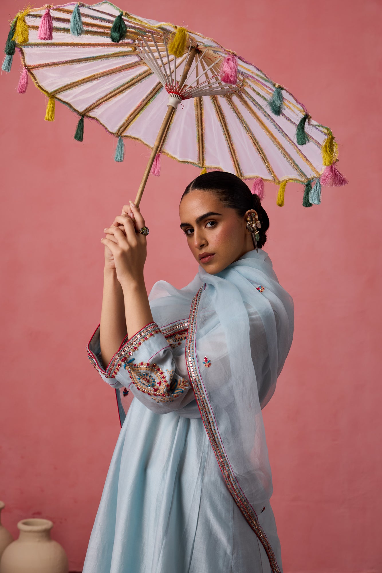 Sky blue chanderi dori work and french knot embroidered kurta paired with organic cotton slip, pant & organza dupatta