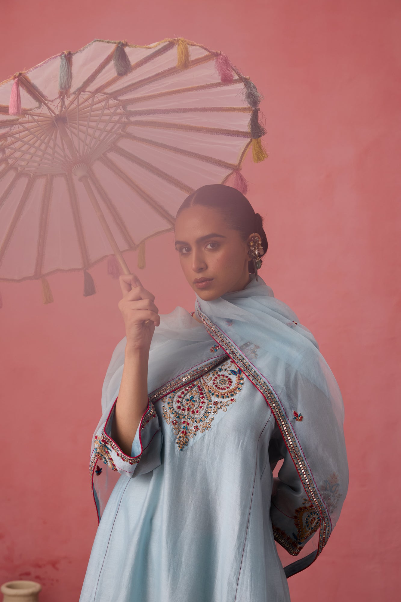 Sky blue chanderi dori work and french knot embroidered kurta paired with organic cotton slip, pant & organza dupatta