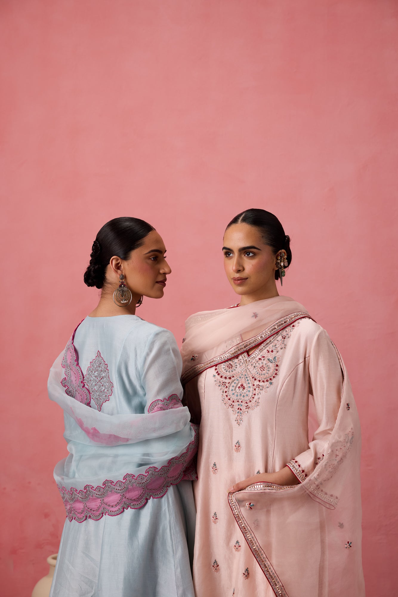 Sky blue chanderi dori work floral and french knot embroidered kurta paired with pant & organza dupatta
