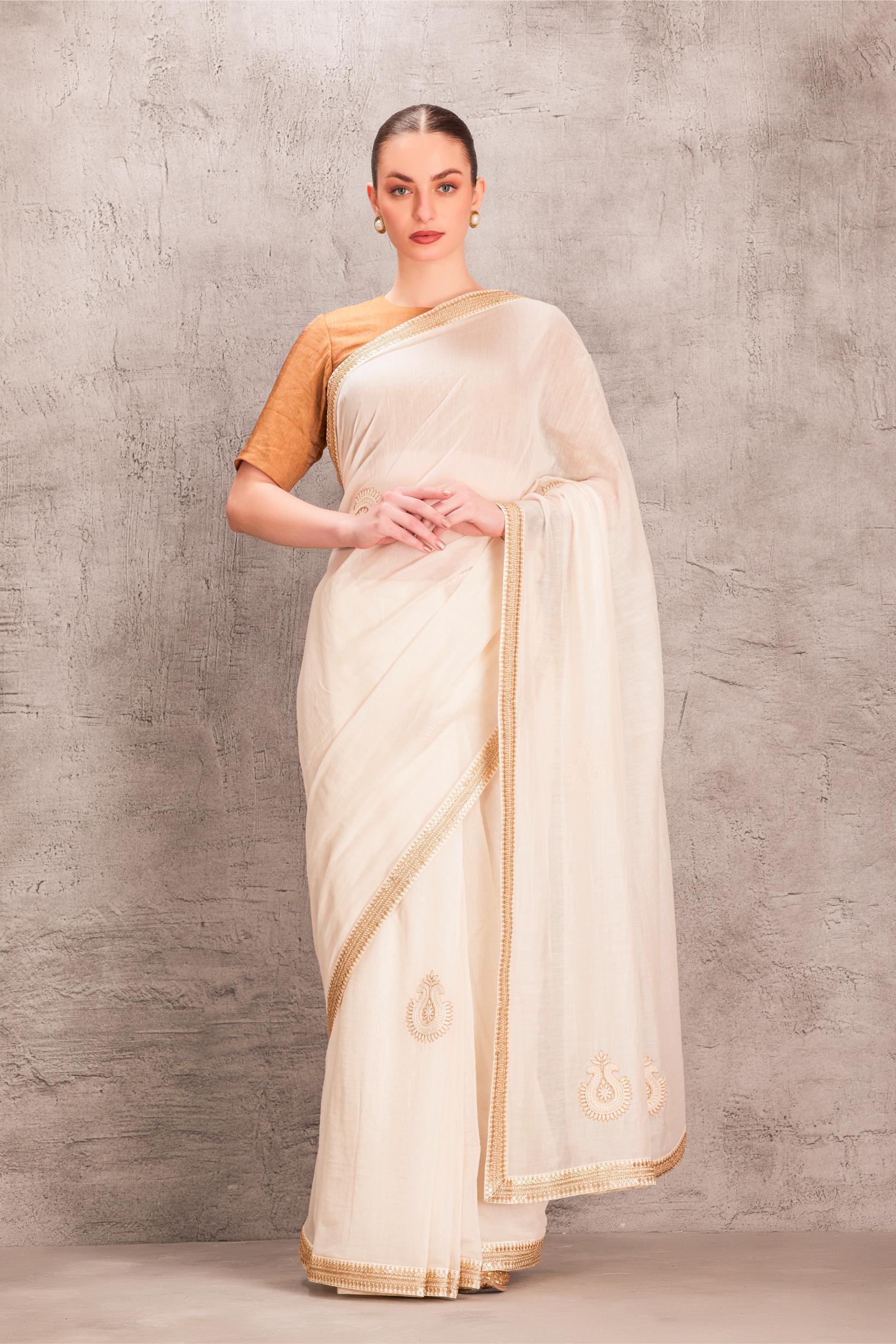 White Chanderi Saree Comes with Brown Tissue Silk Blouse Stitched & Organic Cotton Stitched Petticoat (3 Pcs)