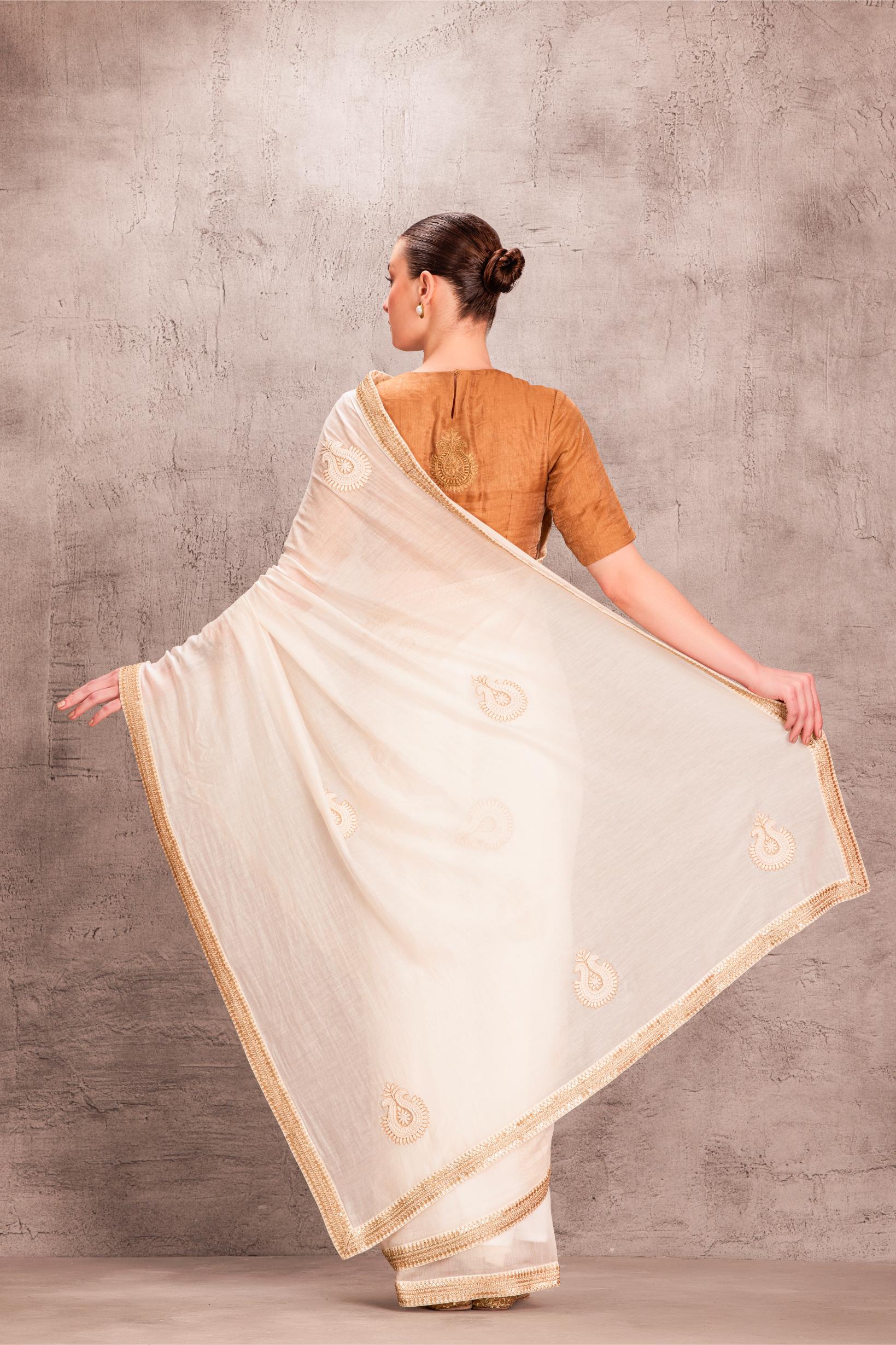 White Chanderi Saree Comes with Brown Tissue Silk Blouse Stitched & Organic Cotton Stitched Petticoat (3 Pcs)