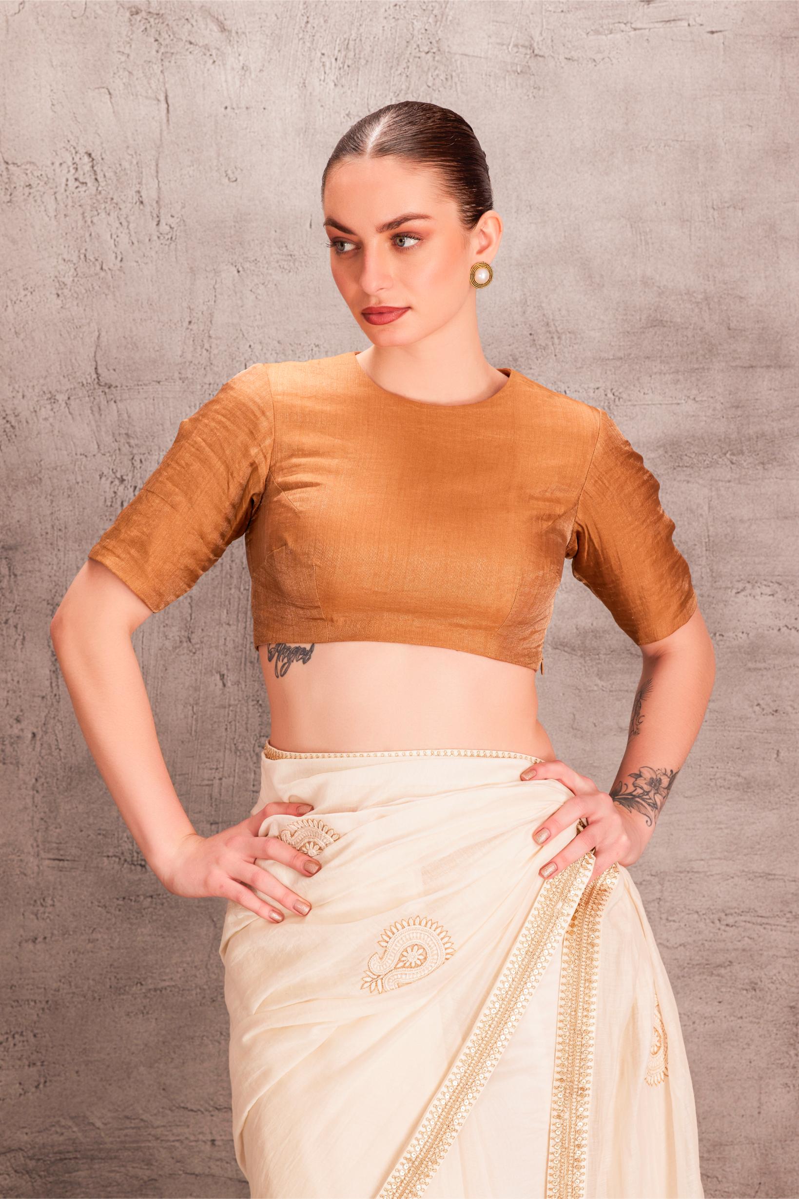 White Chanderi Saree Comes with Brown Tissue Silk Blouse Stitched & Organic Cotton Stitched Petticoat (3 Pcs)