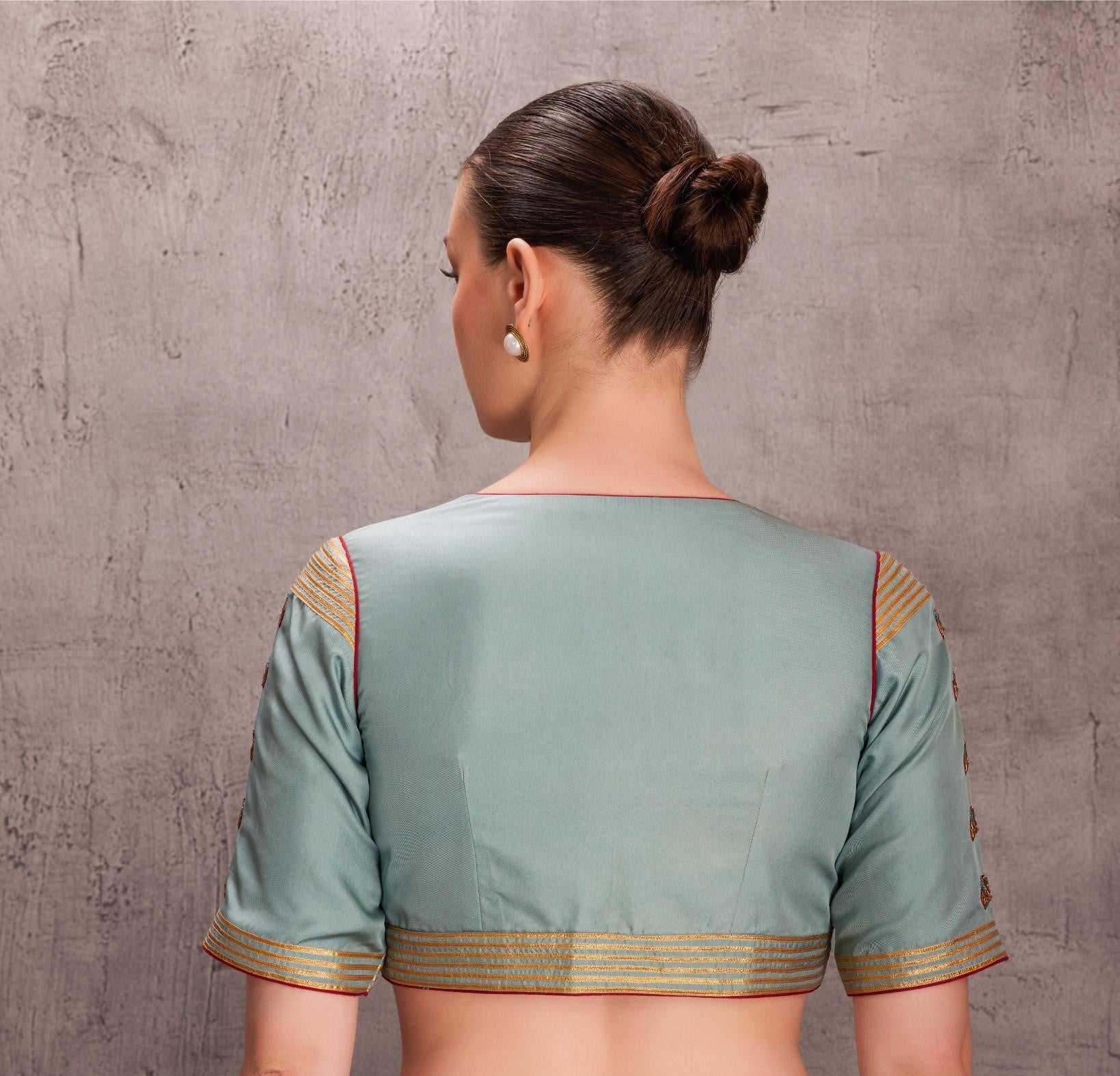 Sky Blue Saree Comes With Satin Silk Stitched Embroidered Blouse & Organic Cotton Stitched Petticoat (3 Pcs)