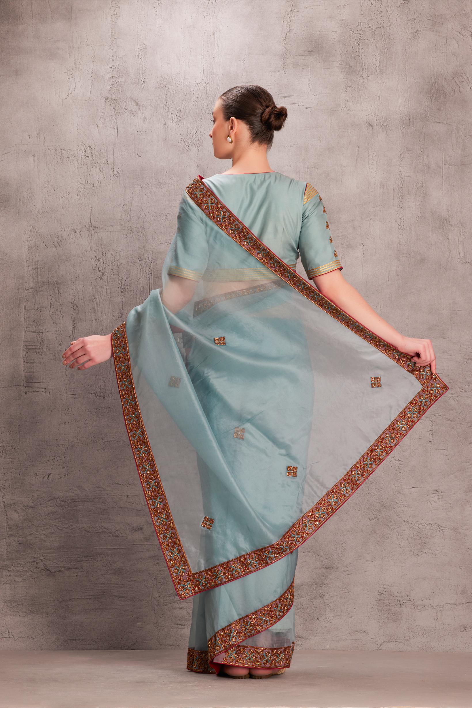 Sky Blue Saree Comes With Satin Silk Stitched Embroidered Blouse & Organic Cotton Stitched Petticoat (3 Pcs)