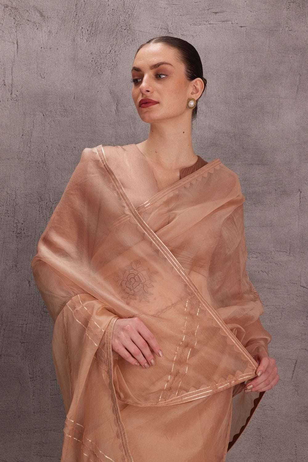 Rose Gold organza saree comes with satin silk blouse & Organic Cotton Stitched Petticoat