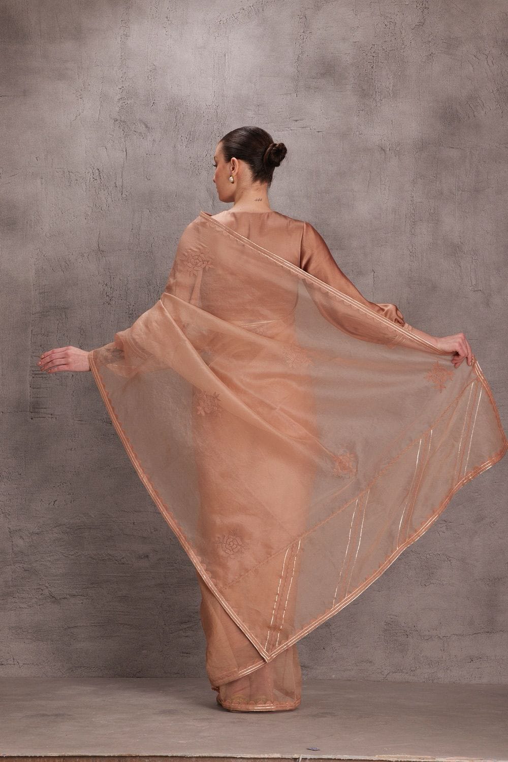 Rose Gold organza saree comes with satin silk blouse & Organic Cotton Stitched Petticoat