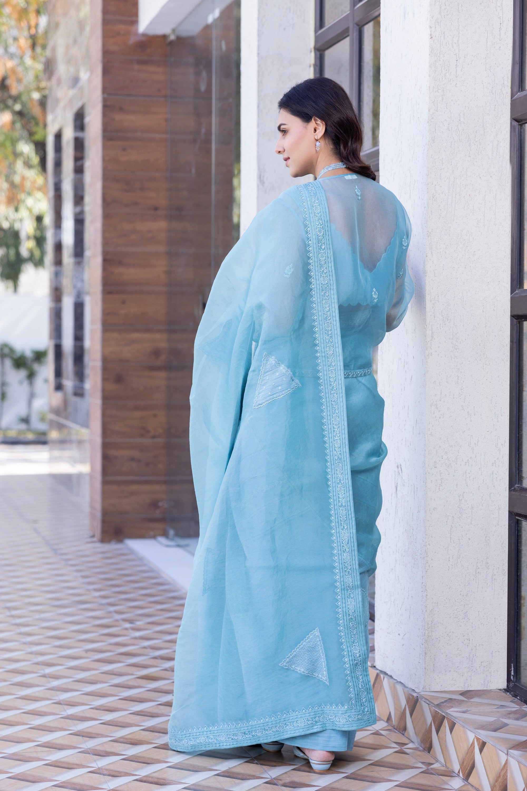 Sky blue chanderi embroidered Saree Comes with chanderi Stitched Blouse and organza embroidered short jacket& Organic Cotton Stitched Petticoat (4 Pcs)