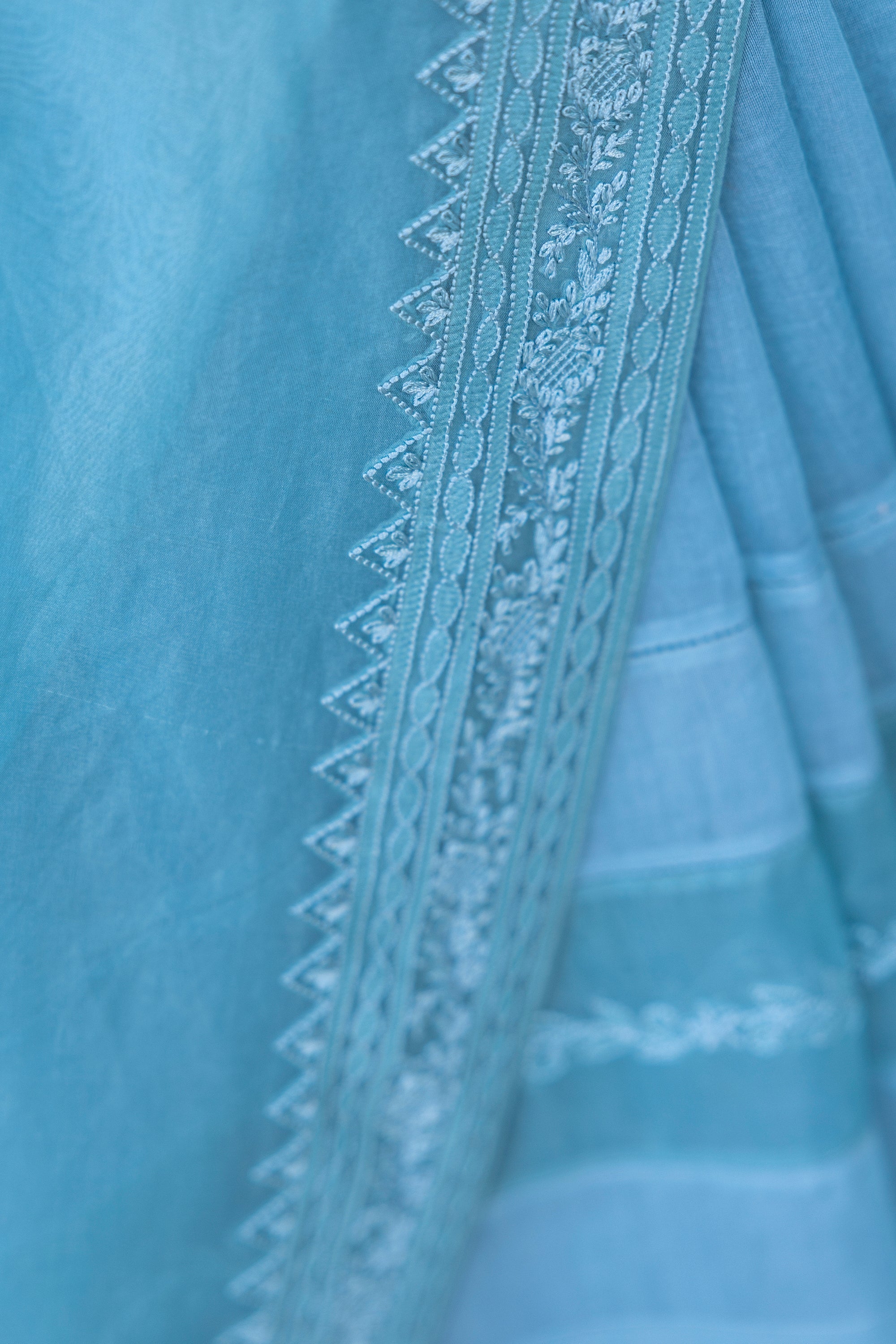 Sky blue chanderi embroidered Saree Comes with chanderi Stitched Blouse and organza embroidered short jacket& Organic Cotton Stitched Petticoat (4 Pcs)