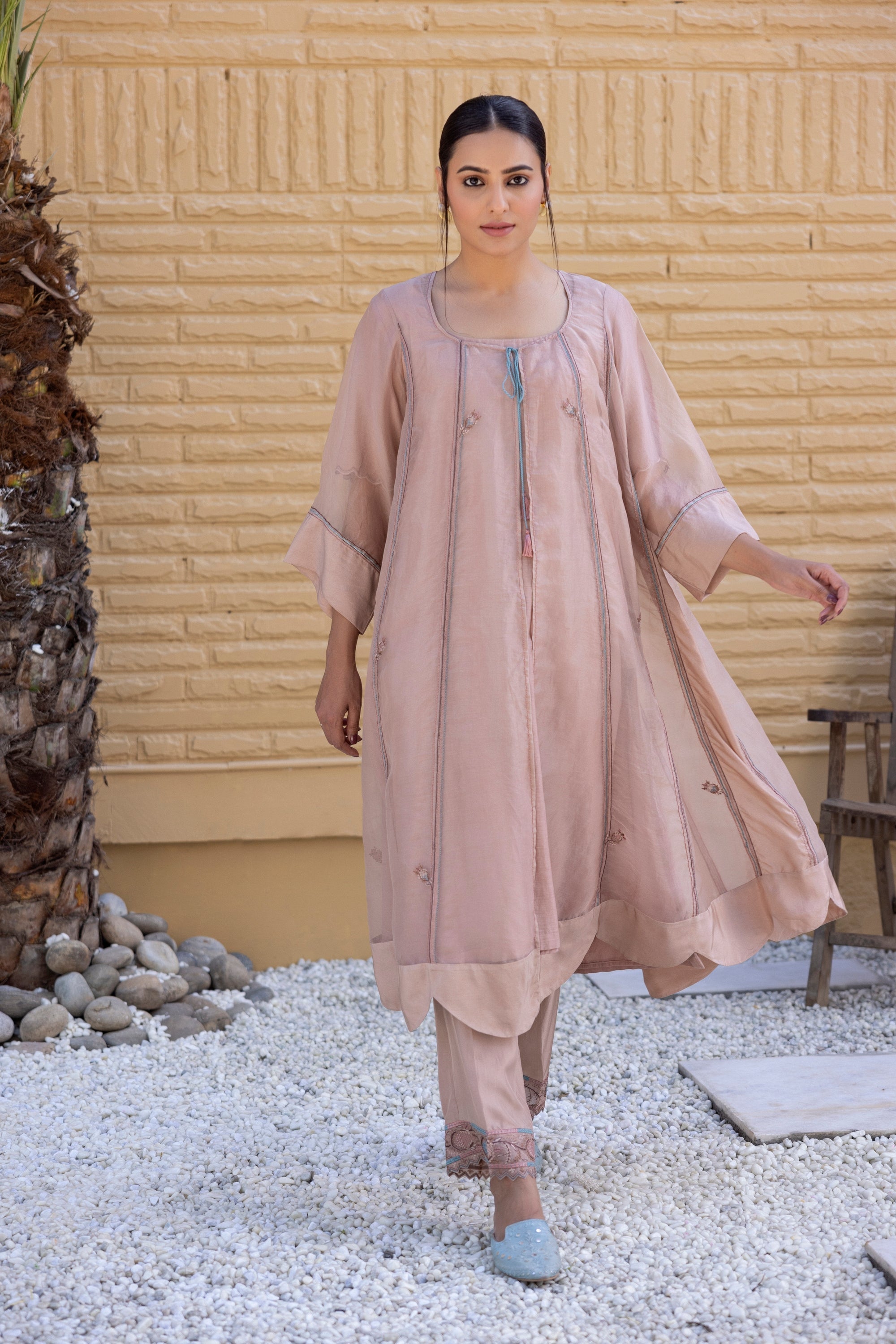 Rose gold organza embroidered jacket set