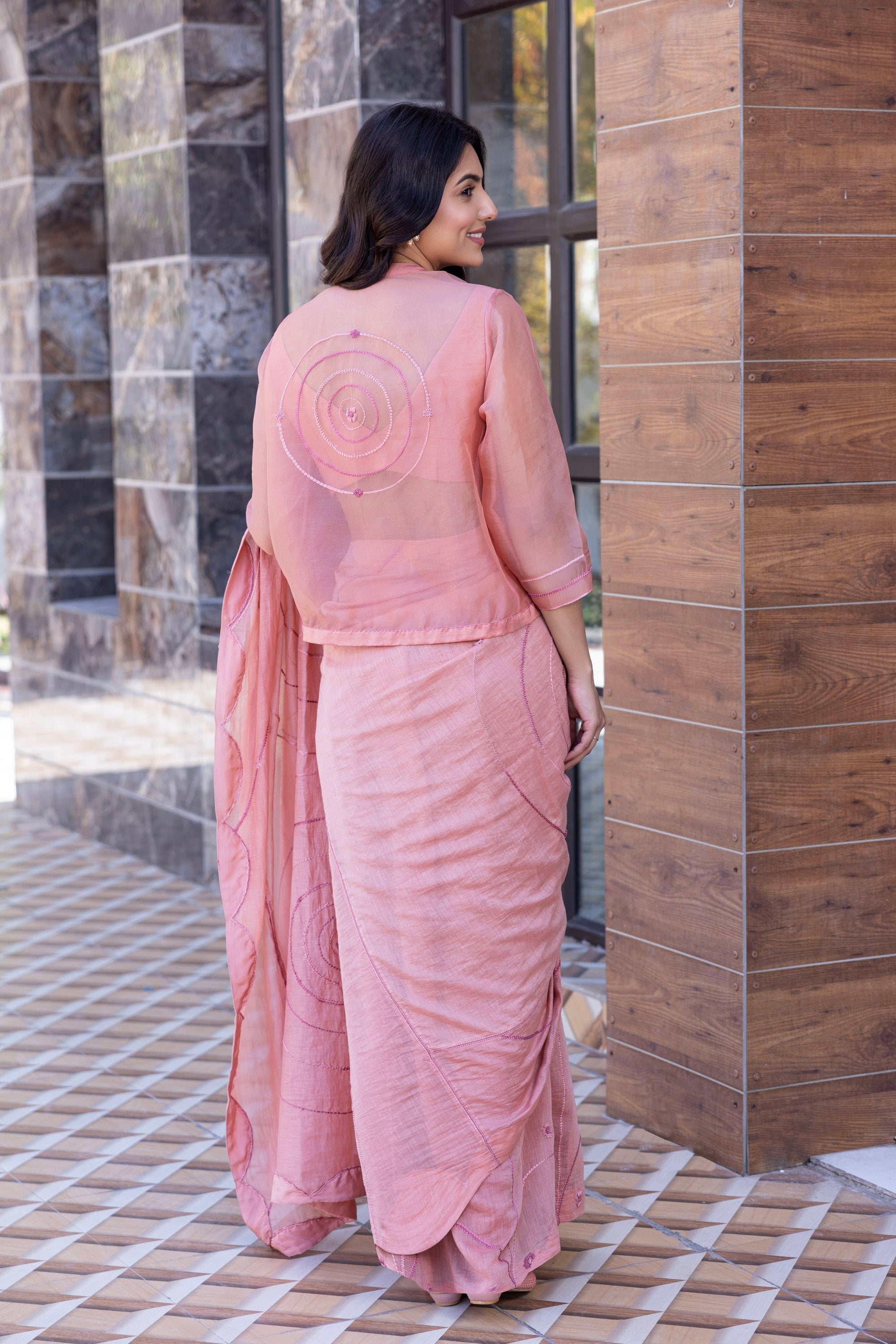 Peach chanderi embroidered Saree Comes with chanderi Stitched Blouse and organza embroidered short jacket& Organic Cotton Stitched Petticoat (4 Pcs)
