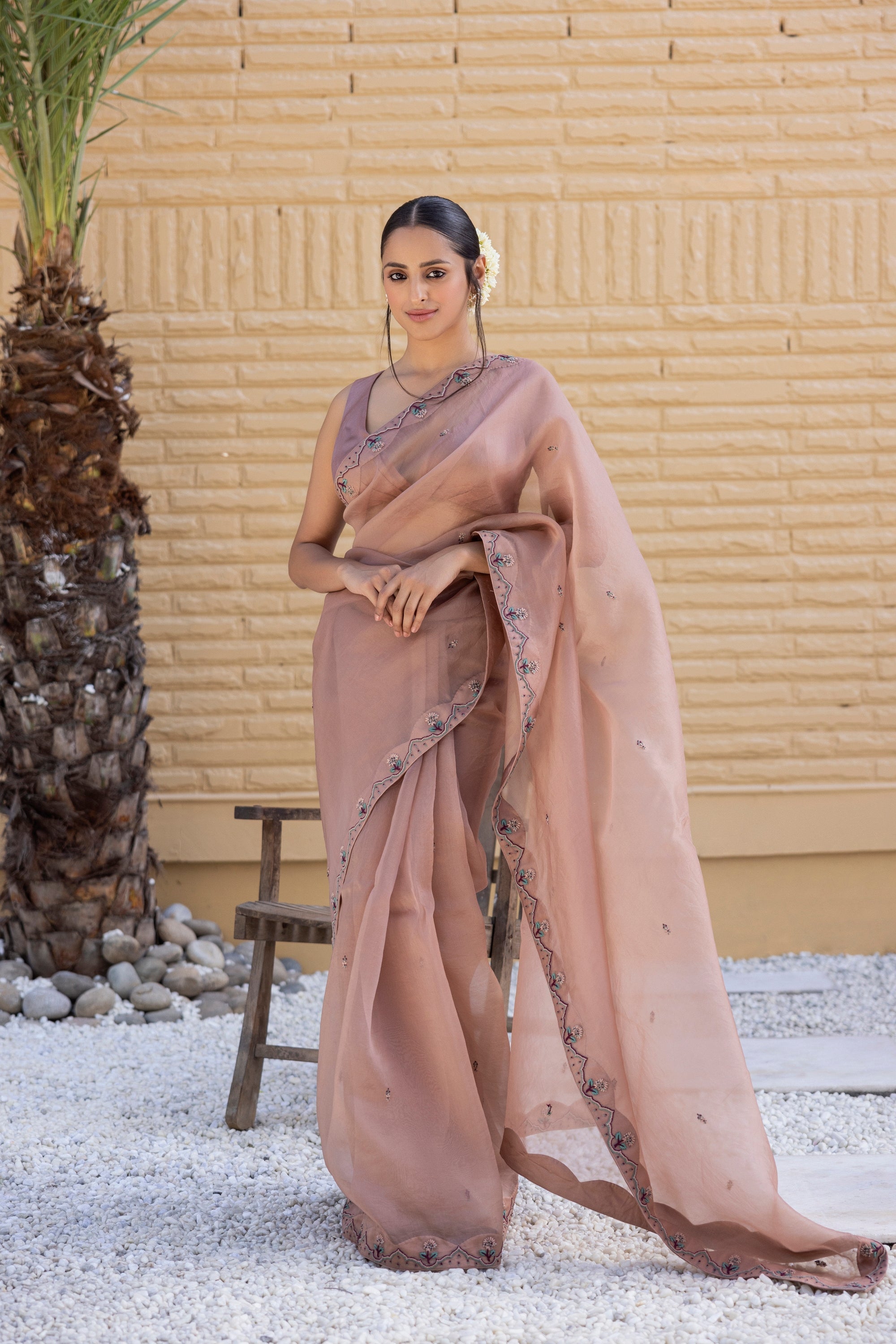 Rose gold Organza Saree Comes With green chanderi Blouse and organza cape & Organic Cotton Stitched Petticoat (4 PCS)