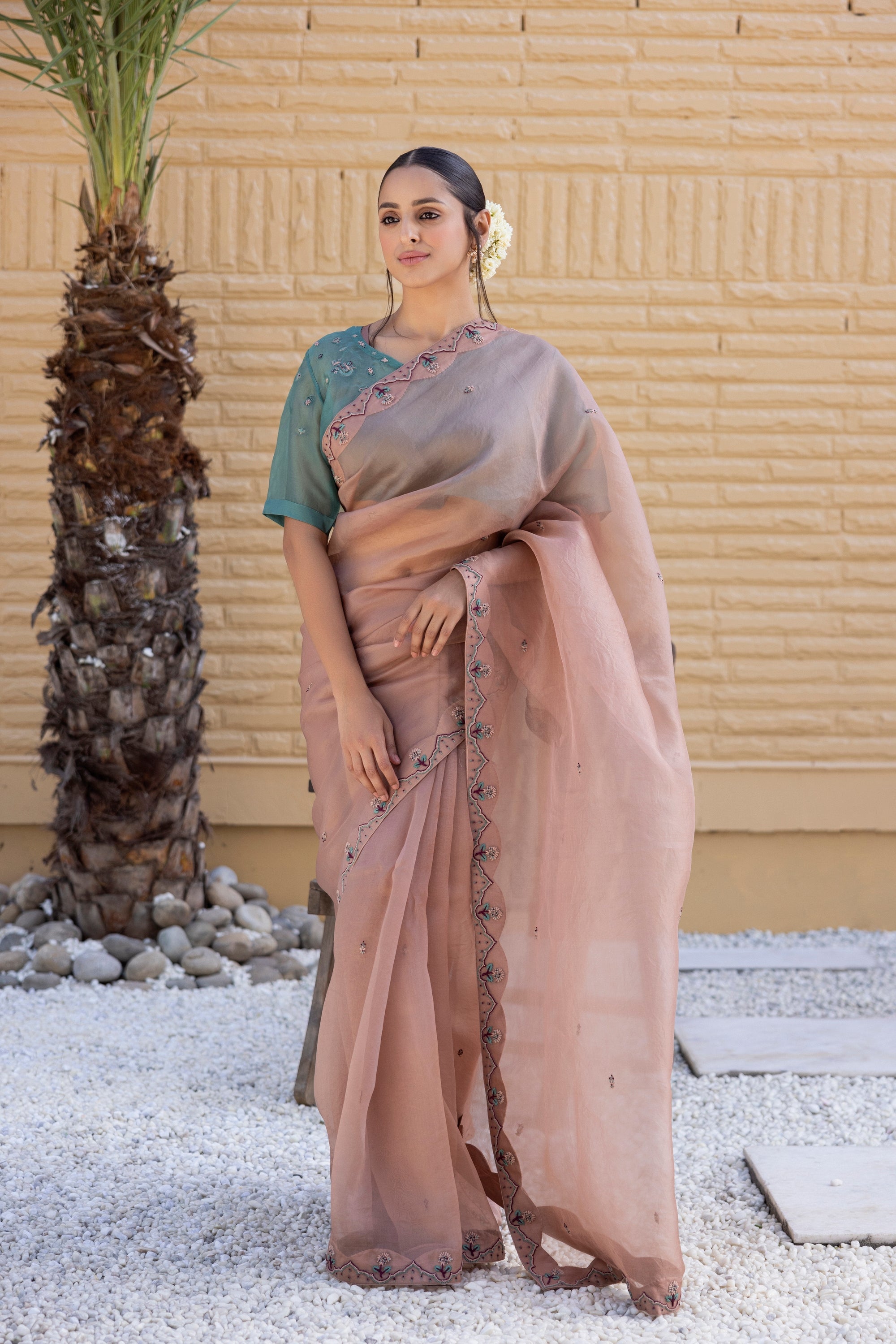 Rose gold Organza Saree Comes With green chanderi Blouse and organza cape & Organic Cotton Stitched Petticoat (4 PCS)