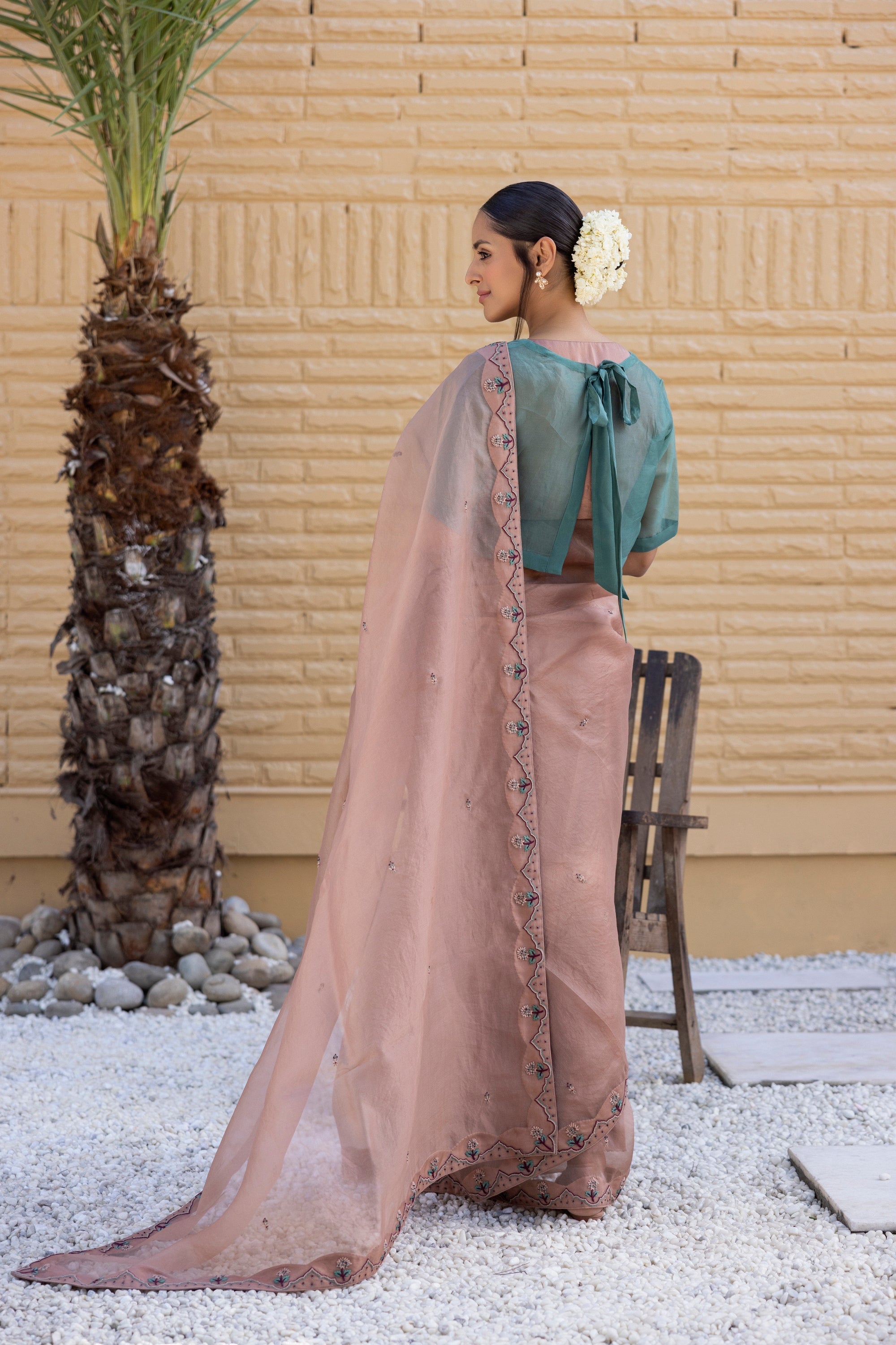 Rose gold Organza Saree Comes With green chanderi Blouse and organza cape & Organic Cotton Stitched Petticoat (4 PCS)