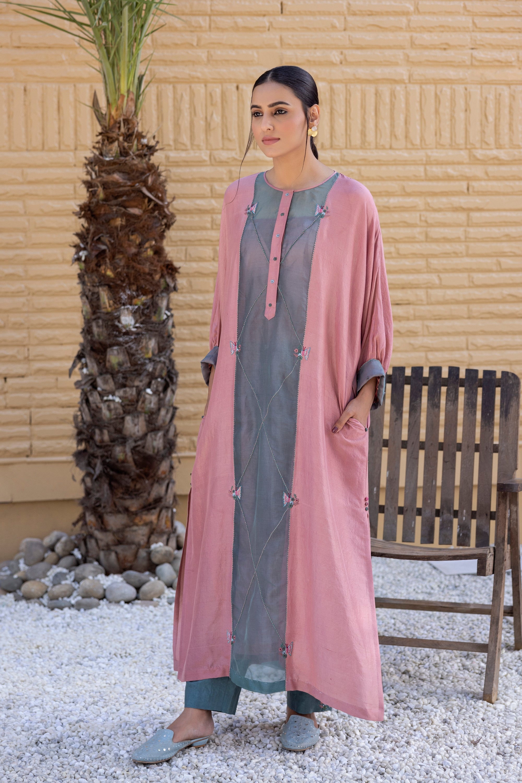 Baby pink and sea green organza-silk kaftan set