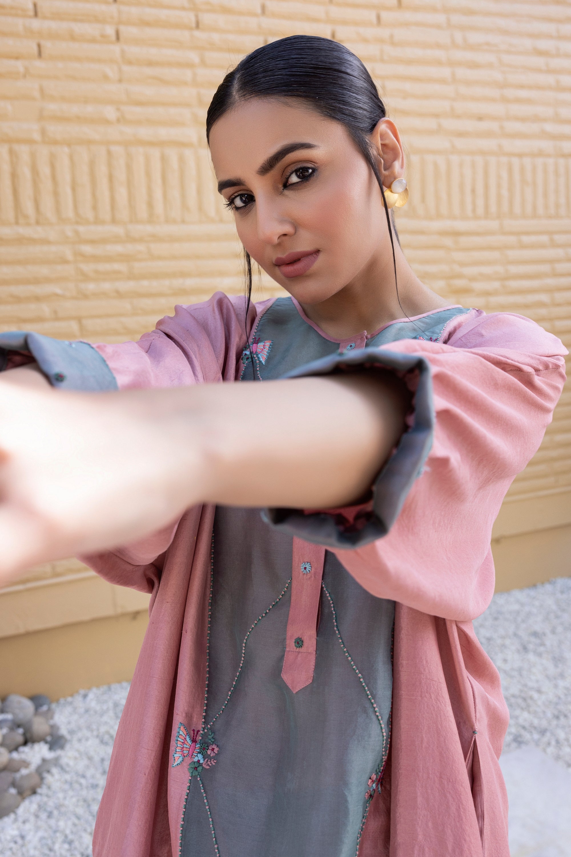 Baby pink and sea green organza-silk kaftan set