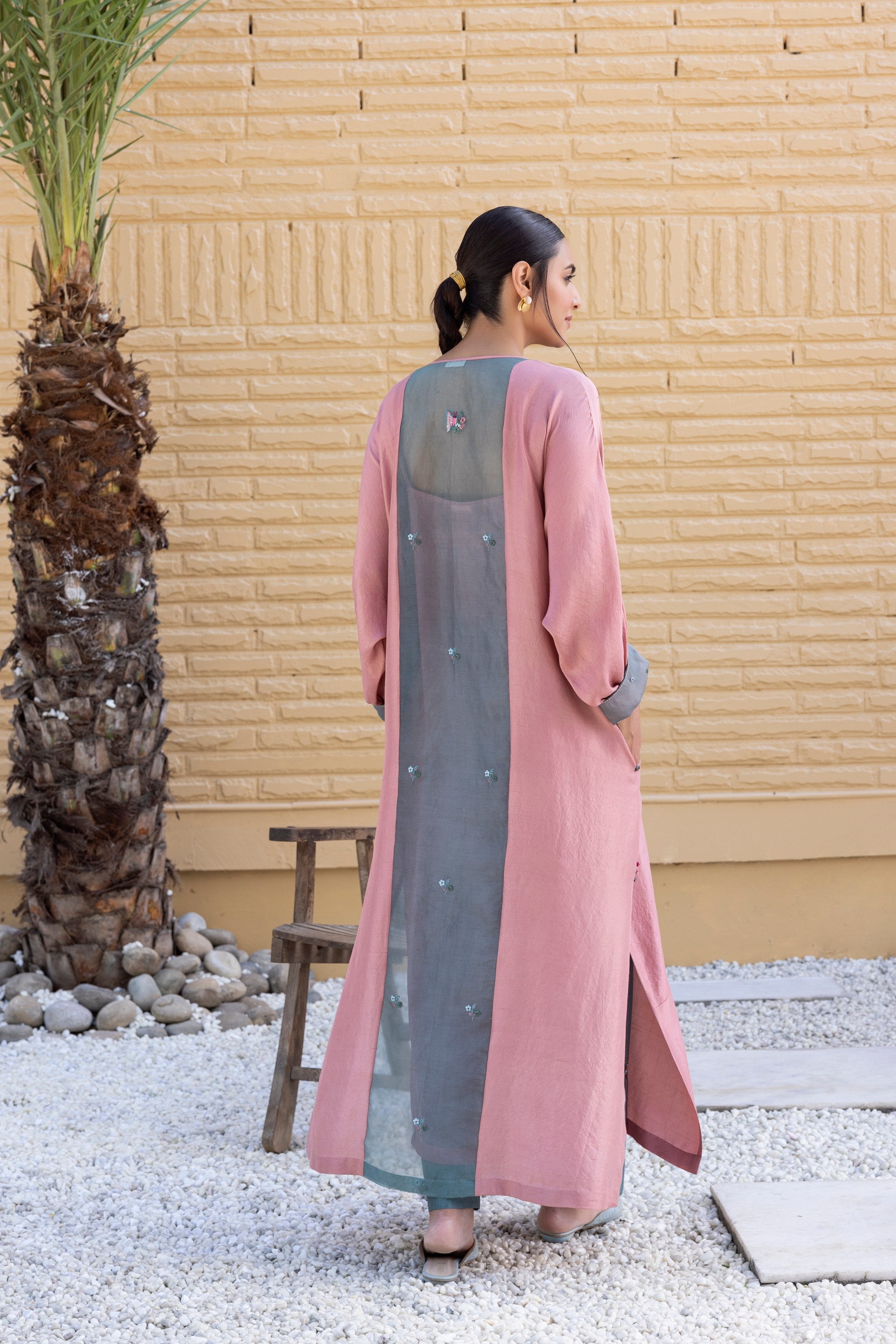 Baby pink and sea green organza-silk kaftan set