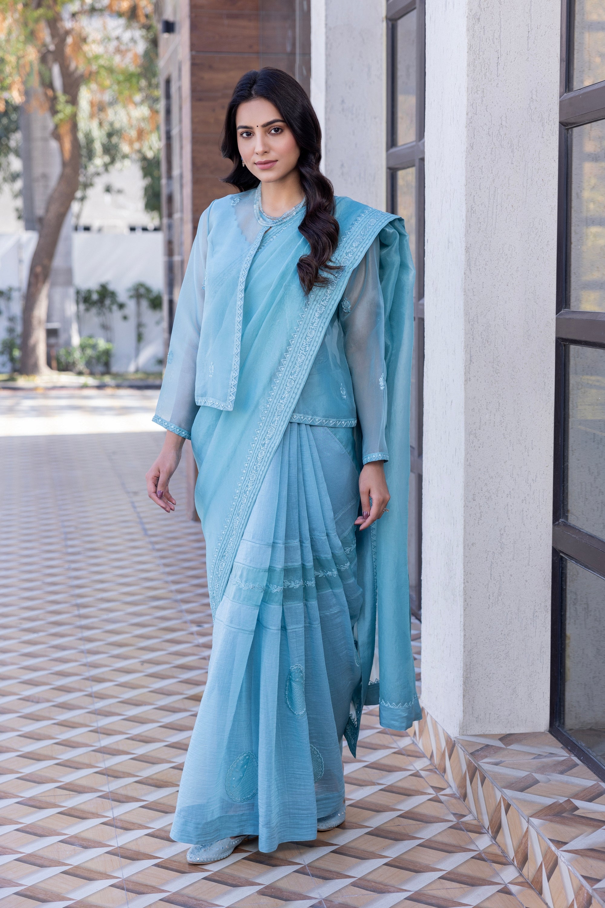 Sky blue chanderi embroidered Saree Comes with chanderi Stitched Blouse and organza embroidered short jacket& Organic Cotton Stitched Petticoat (4 Pcs)