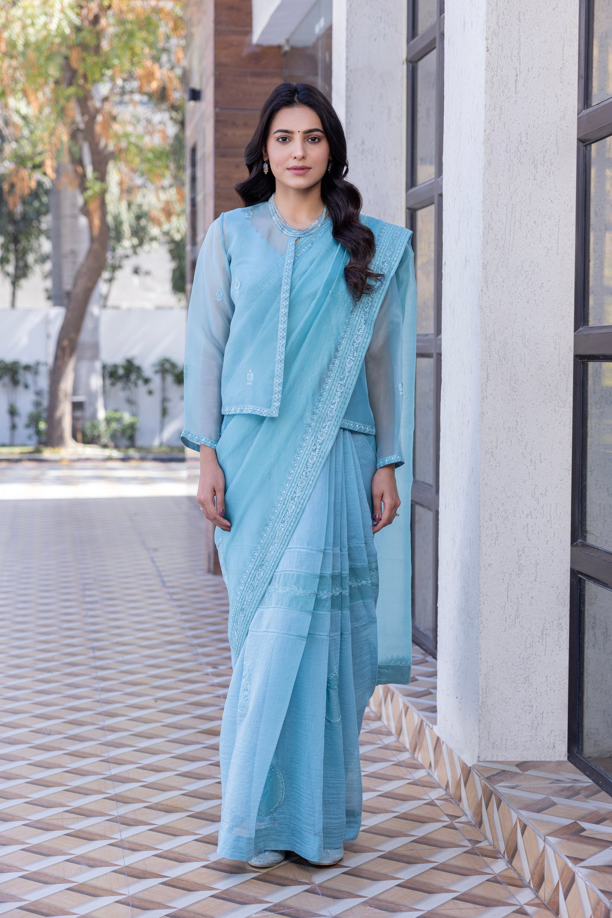 Sky blue chanderi embroidered Saree Comes with chanderi Stitched Blouse and organza embroidered short jacket& Organic Cotton Stitched Petticoat (4 Pcs)
