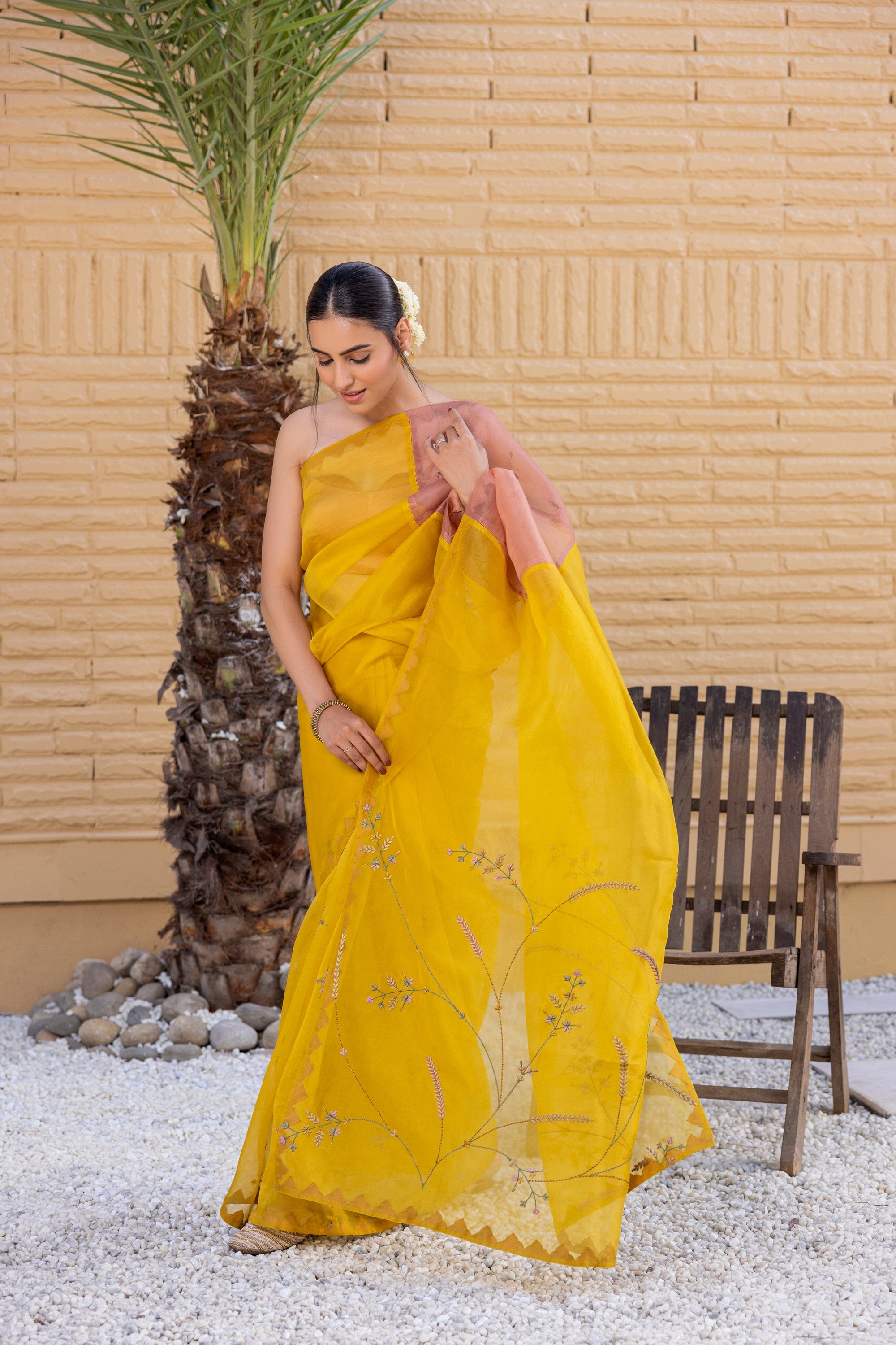Yellow Organza Silk Saree Comes With Pink Satin Silk Stitched Blouse & Organic Cotton Stitched Petticoat (3PCS)