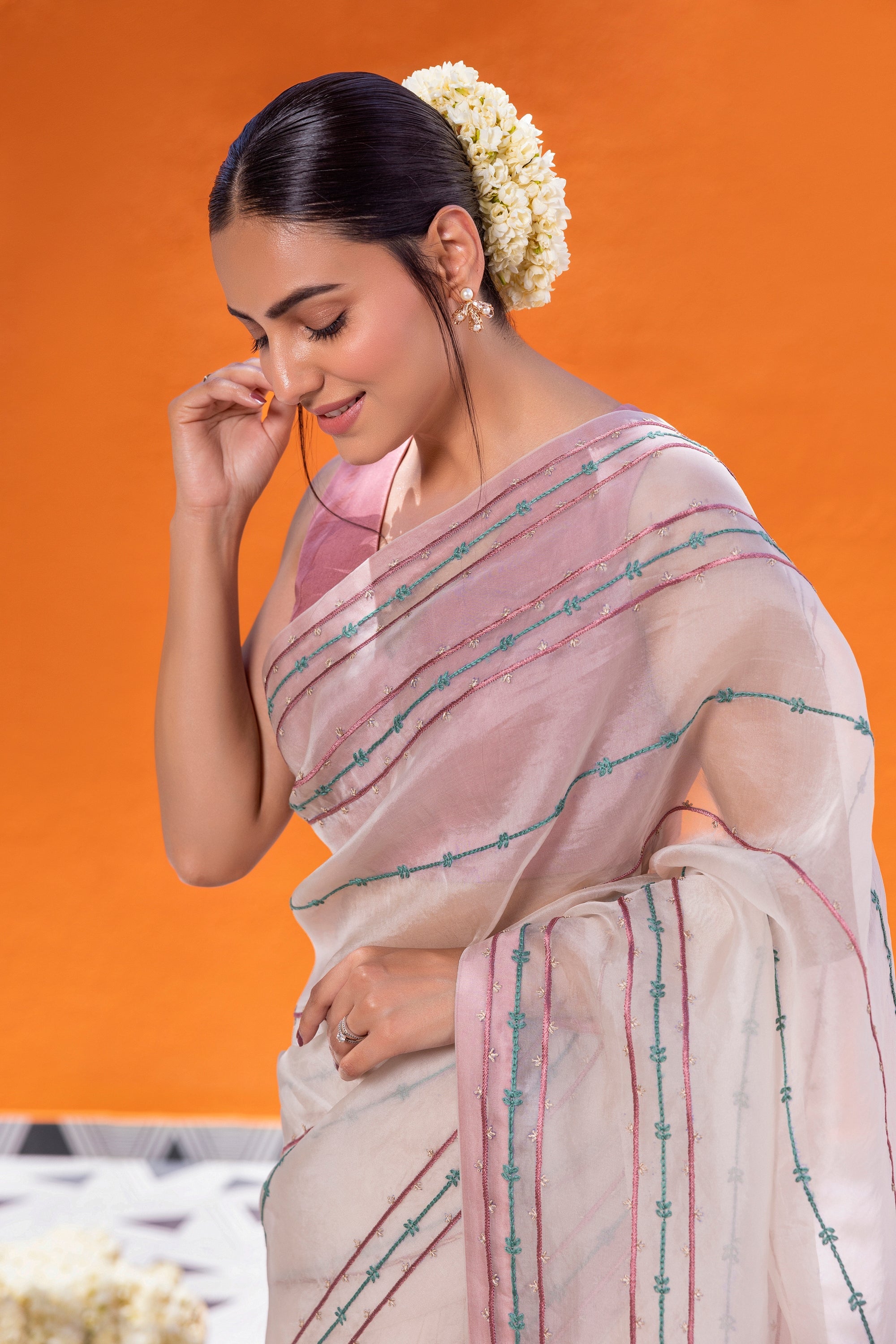 Ivory Organza Saree Comes With Pink Silk Blouse & Organic Cotton Stitched Petticoat (3 PCS)