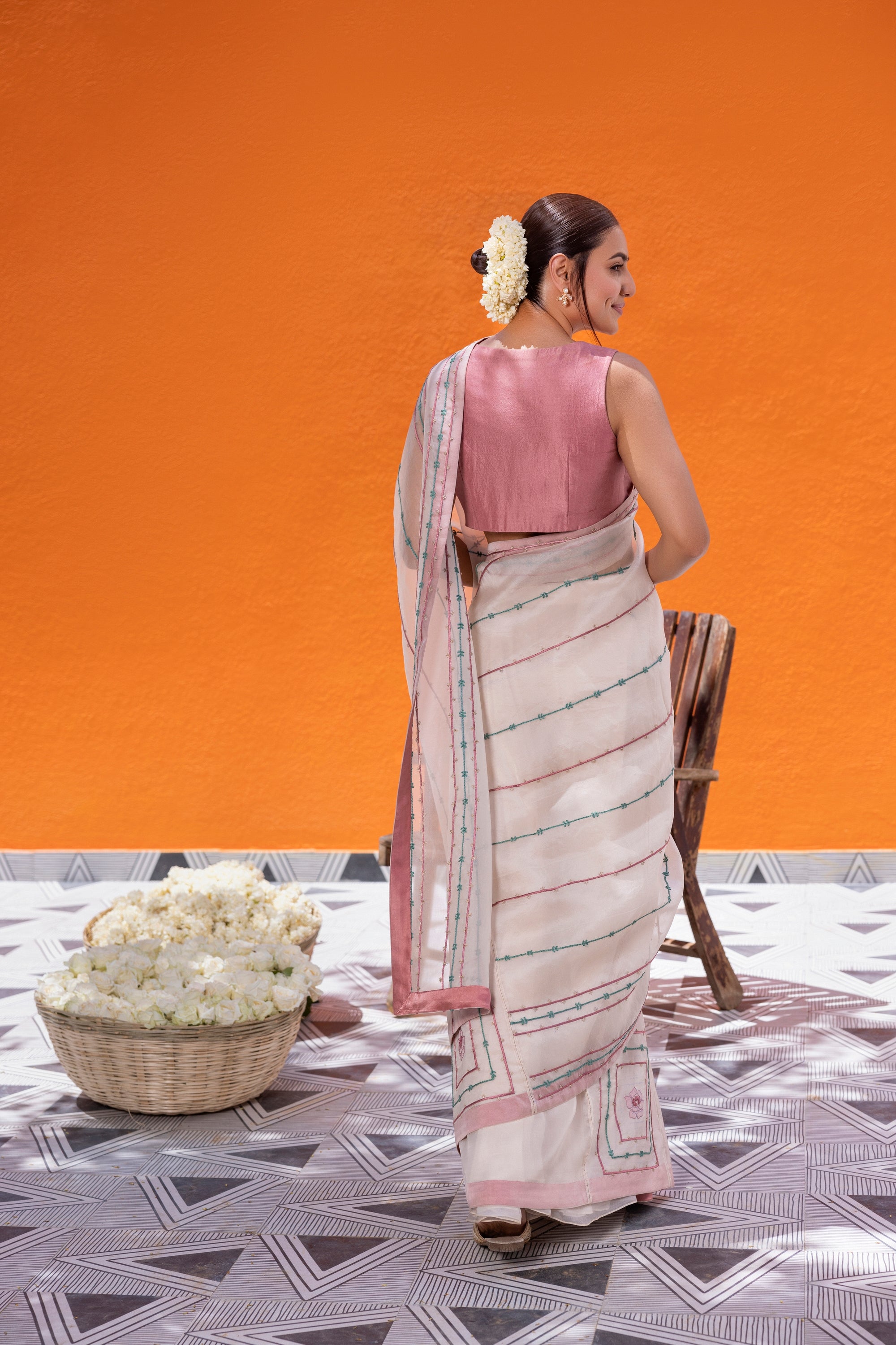 Ivory Organza Saree Comes With Pink Silk Blouse & Organic Cotton Stitched Petticoat (3 PCS)