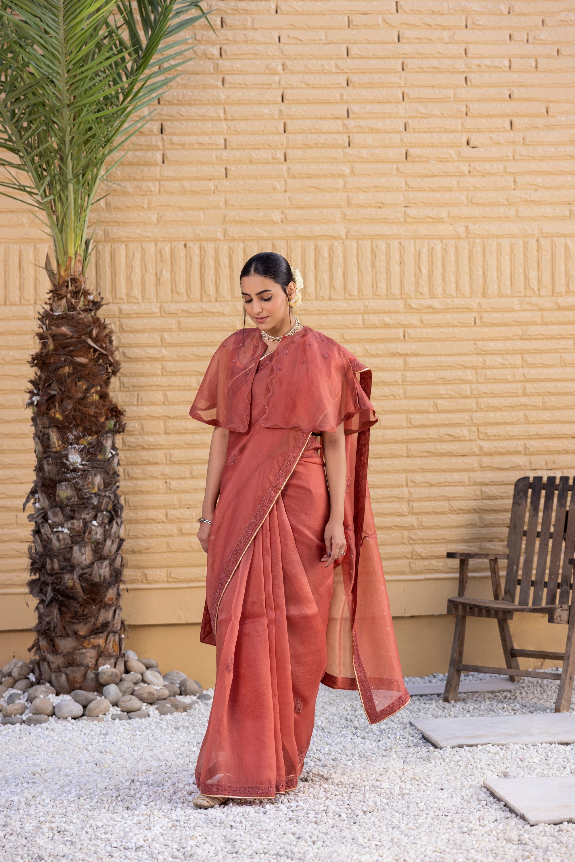 Rust Organza Saree Comes With Embroidered Blouse & Organic Cotton Stitched Petticoat