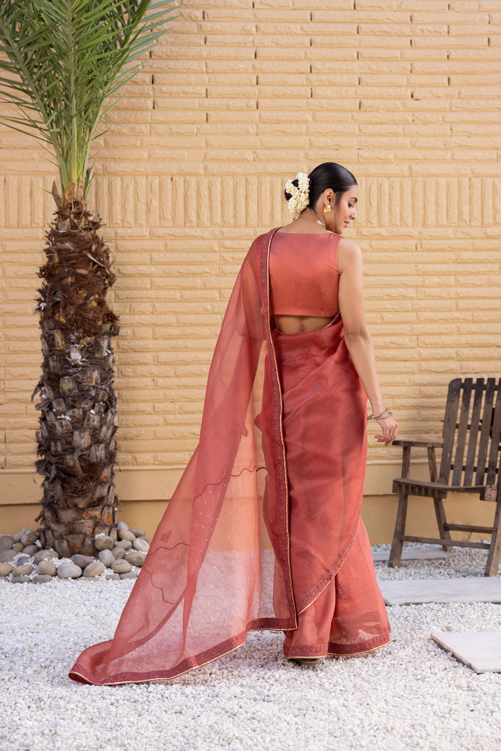 Rust Organza Saree Comes With Embroidered Blouse & Organic Cotton Stitched Petticoat