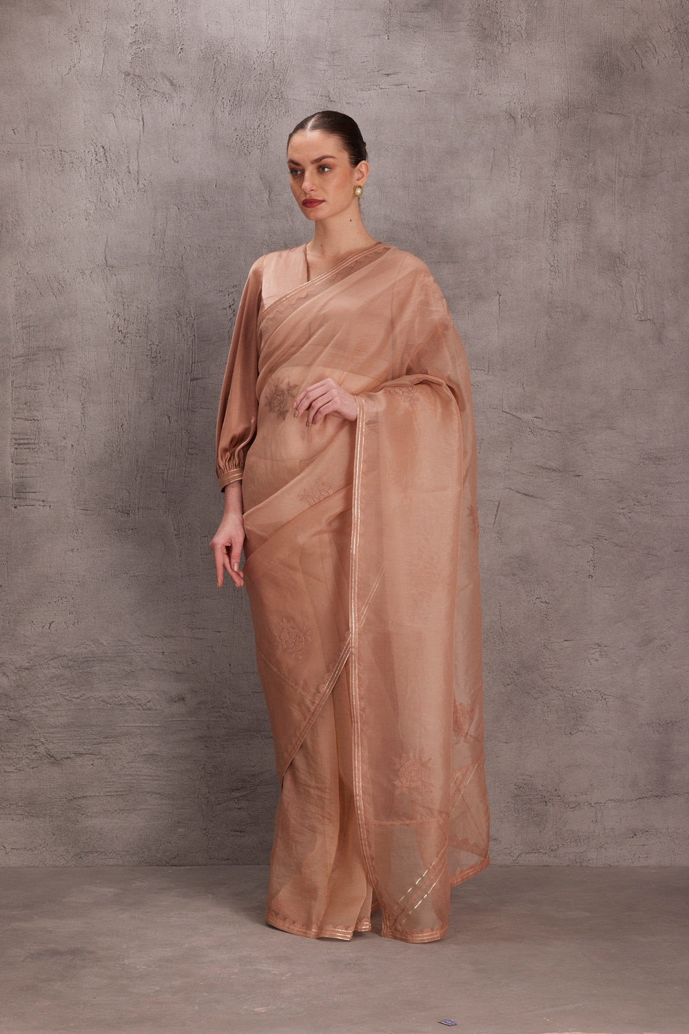 Rose Gold organza saree comes with satin silk blouse & Organic Cotton Stitched Petticoat