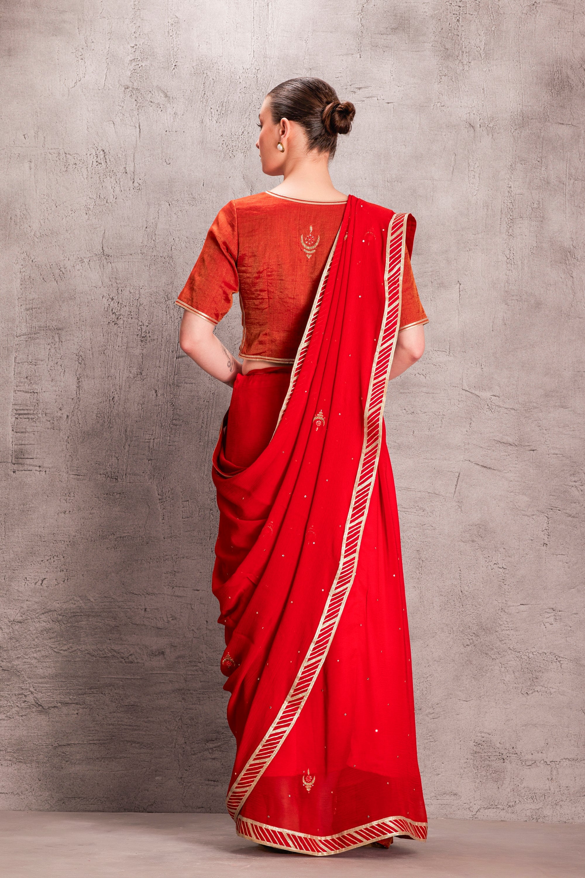 Orange Chiffon Saree Comes With Embroidered Stitched Blouse & Organic Cotton Petticoat (3 Pcs)