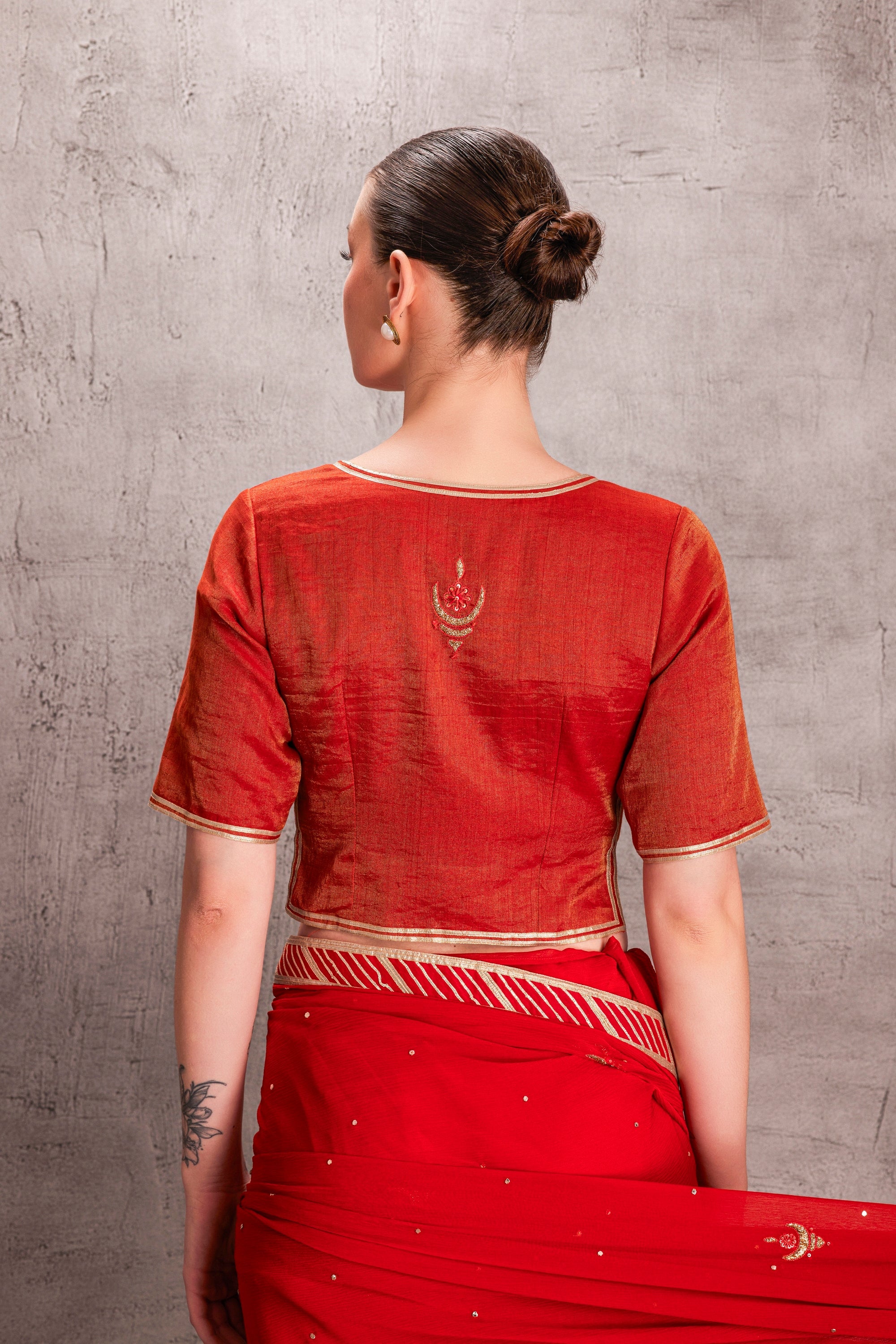 Orange Chiffon Saree Comes With Embroidered Stitched Blouse & Organic Cotton Petticoat (3 Pcs)