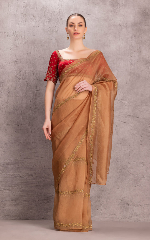 golden organza saree,  golden organza silk saree