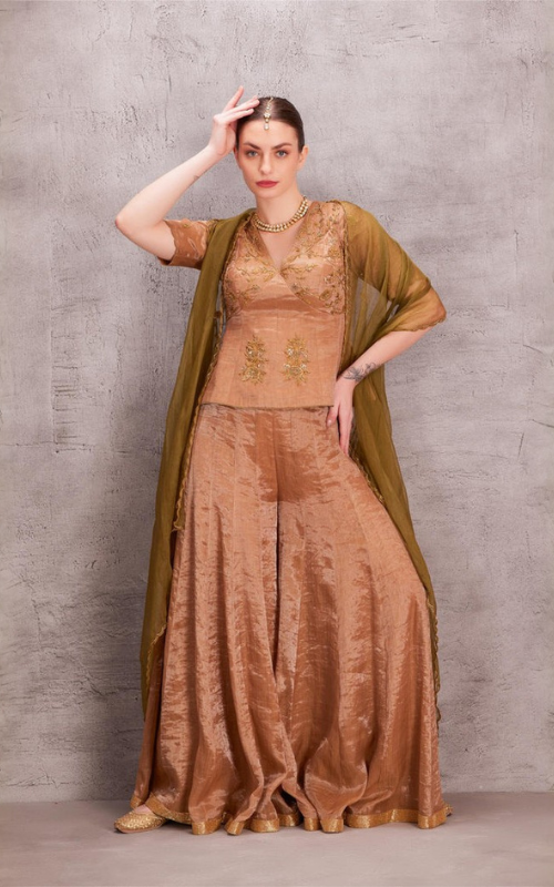 Embroidered Sharara Set: Traditional Tissue Silk Sharara Set for Festive and Wedding Wear