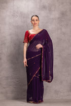 Purple Georgette Saree Comes With Red Embroidered Satin Silk Stitched Blouse(2 Pcs)