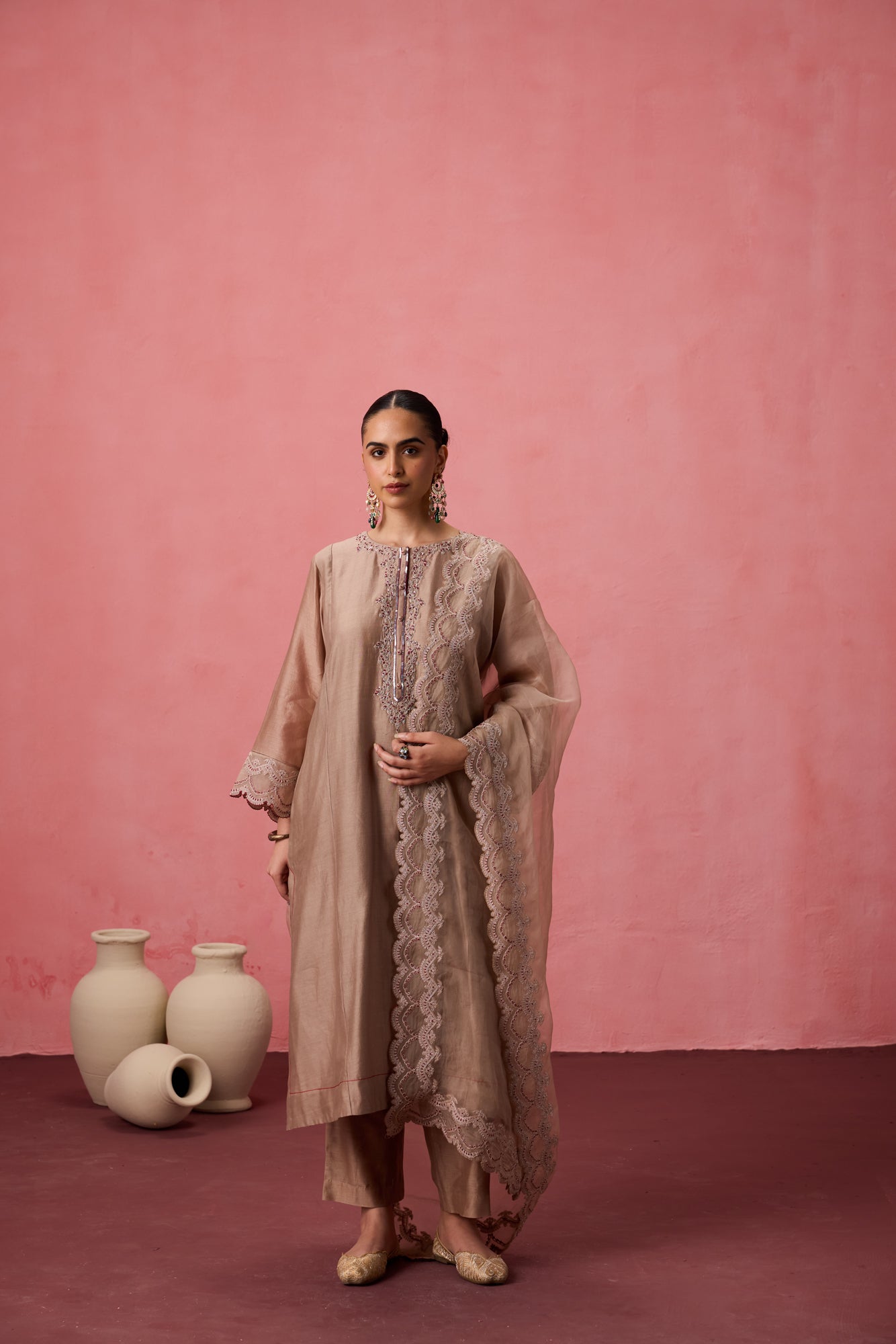 Champagne chanderi dori work  and resham embroidered kurta paired with pant & organza dupatta