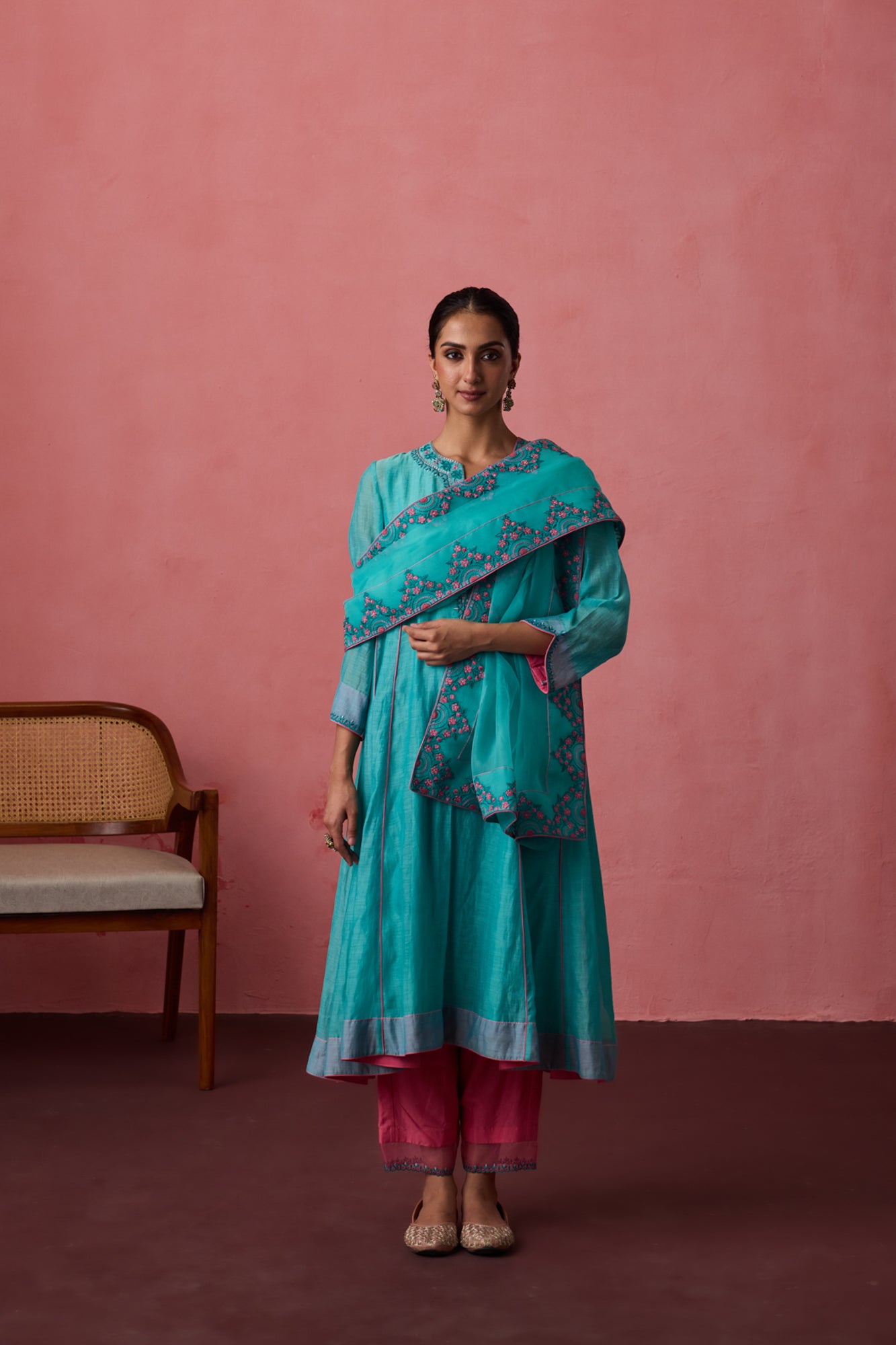Sky blue - Pink embroidered chanderi kurta paired with pants & organza heavy border dupatta