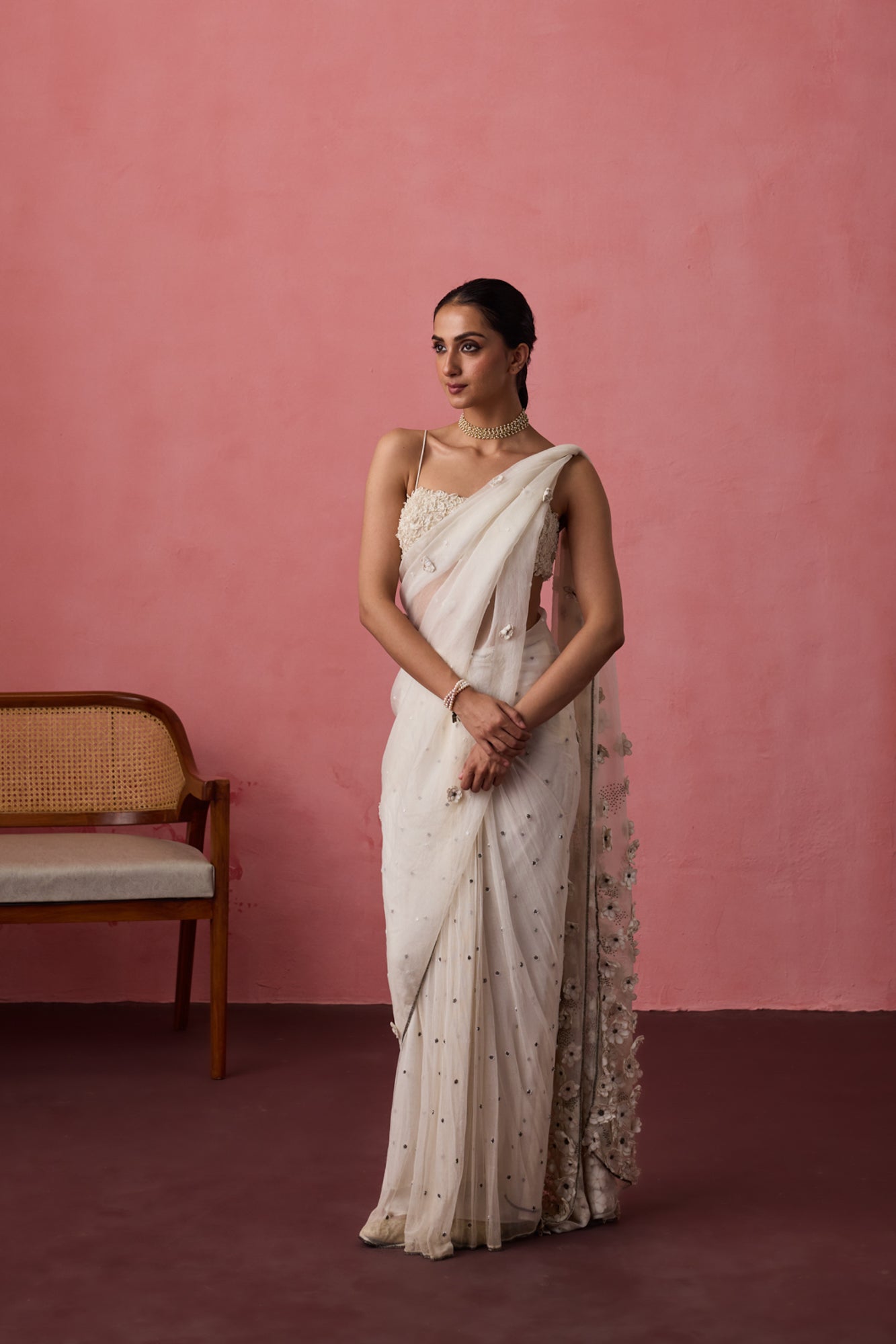 White soft net & organza blooming flower embroidered saree paired with unstitched & unembroidered soft net fabric