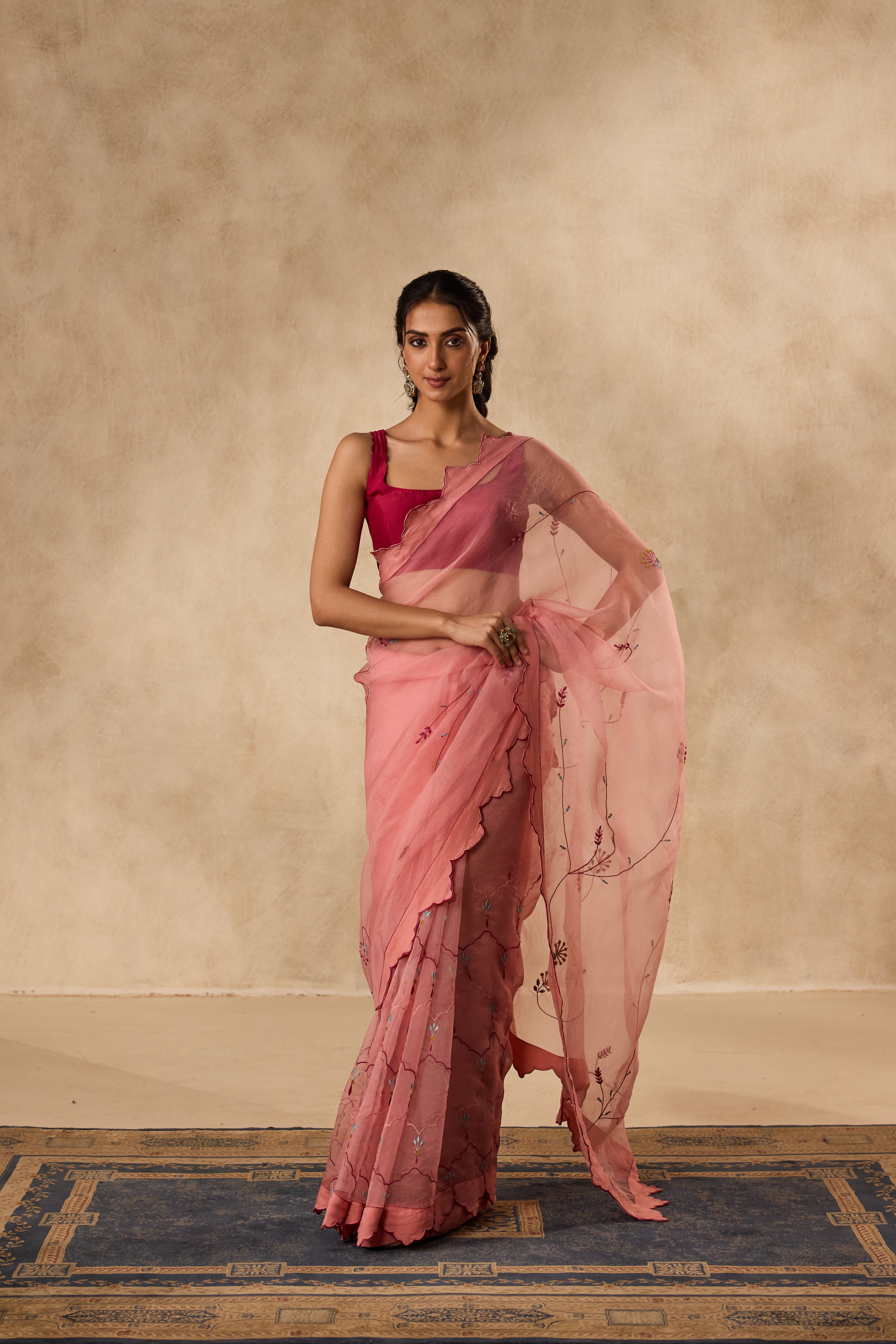 PEACH ORGANZA EMBROIDERED SAREE paired WITH UNSTITCHED CHANDERI BLOUSE FABRIC
