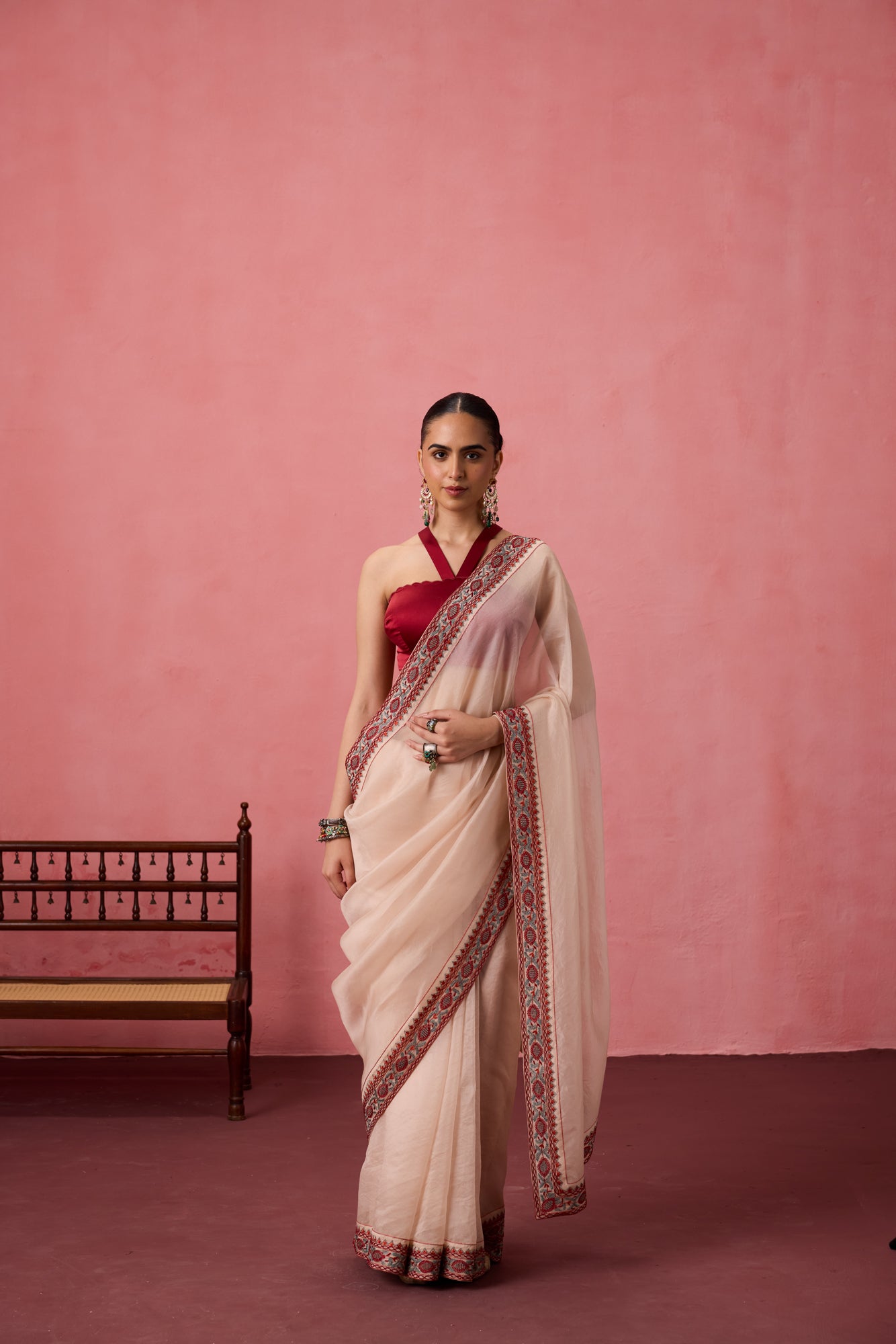 Champagne organza heavy cutwork border saree comes with unstitched & unembroidered blouse fabric in chanderi