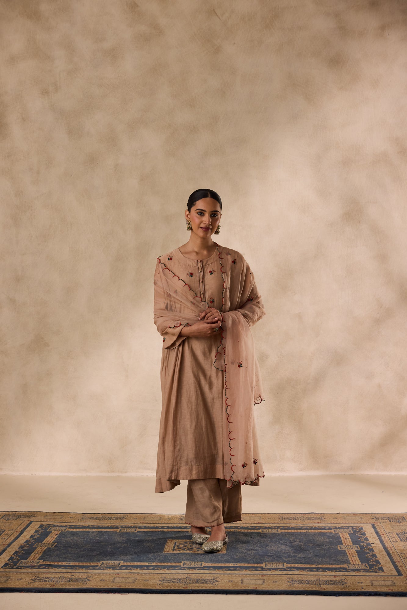 Champagne chanderi  embroidered kurta paired with organic cotton slip, pant & organza dupatta