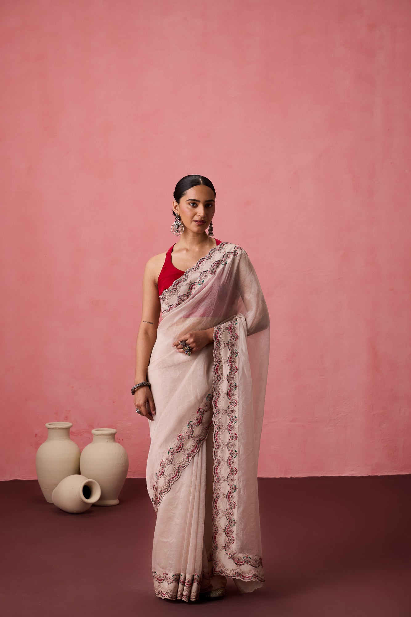 Classic white organza jaal embroidered saree comes with unstitched & unembroidered blouse fabric in chanderi