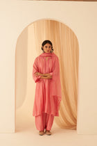 Pink Chanderi embroidered kurta with running stitching hand zardozi thread work paired with cotton slip, salwar & organza dupatta