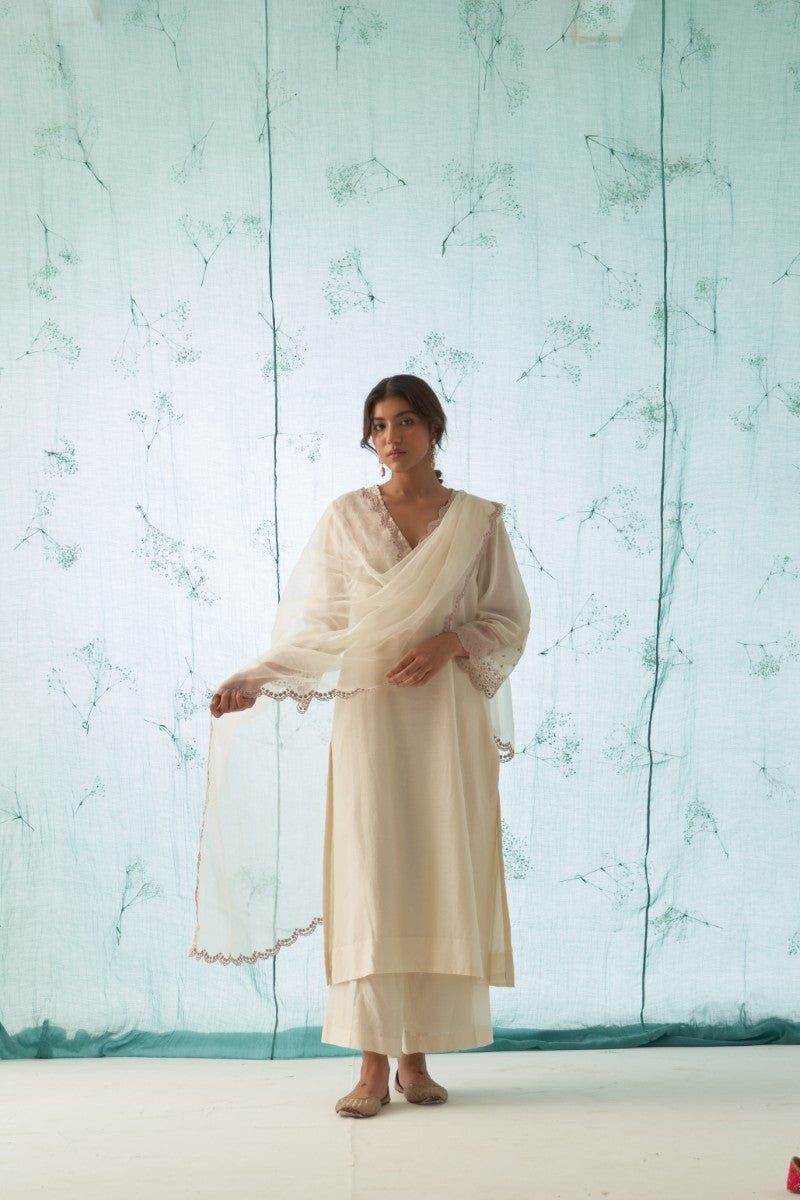 Ivory - Pink Embroidered Kurta Set