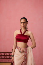 Maroon satin silk scallocp stitched blouse