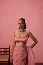 Peach satin sillk stitched scallocp blouse