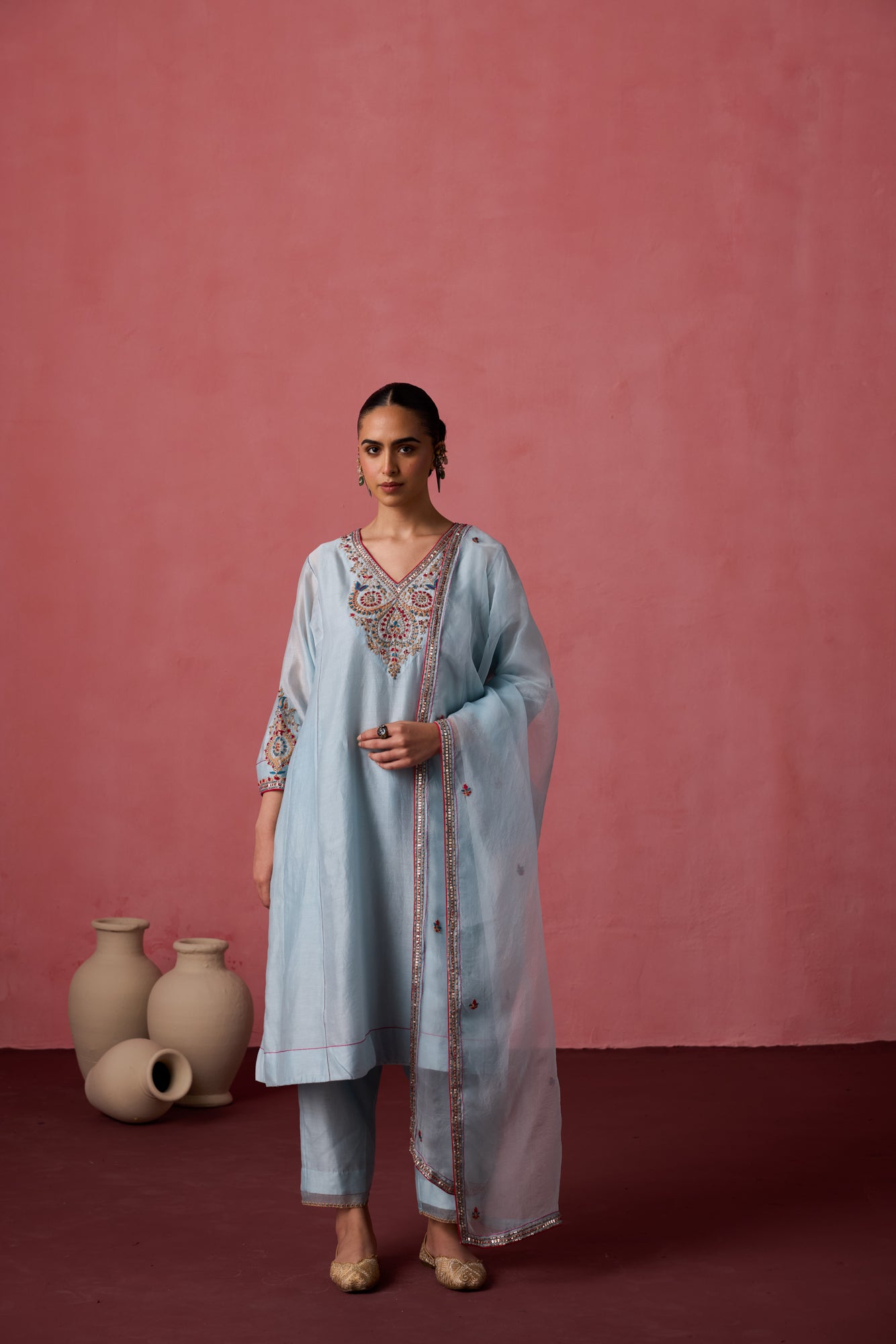 Sky blue chanderi dori work and french knot embroidered kurta paired with organic cotton slip, pant & organza dupatta