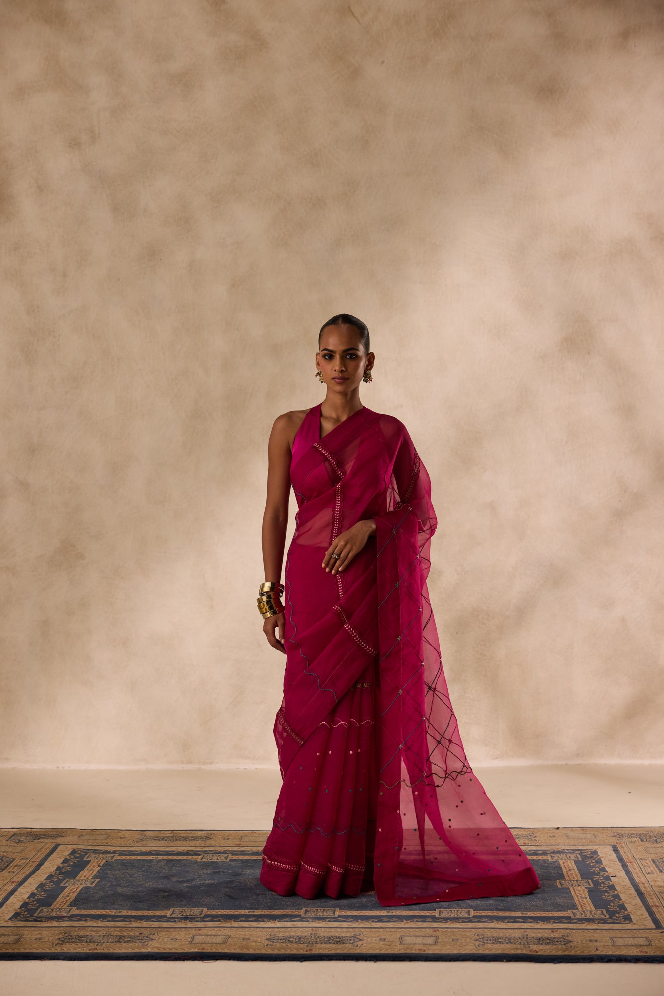 Wine organza jaal embroidred saree comes with unstitched & unembroidered blouse fabric in chanderi