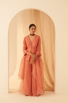 Peach Chanderi embroidered with bullion work peplum with sharara & organza dupatta