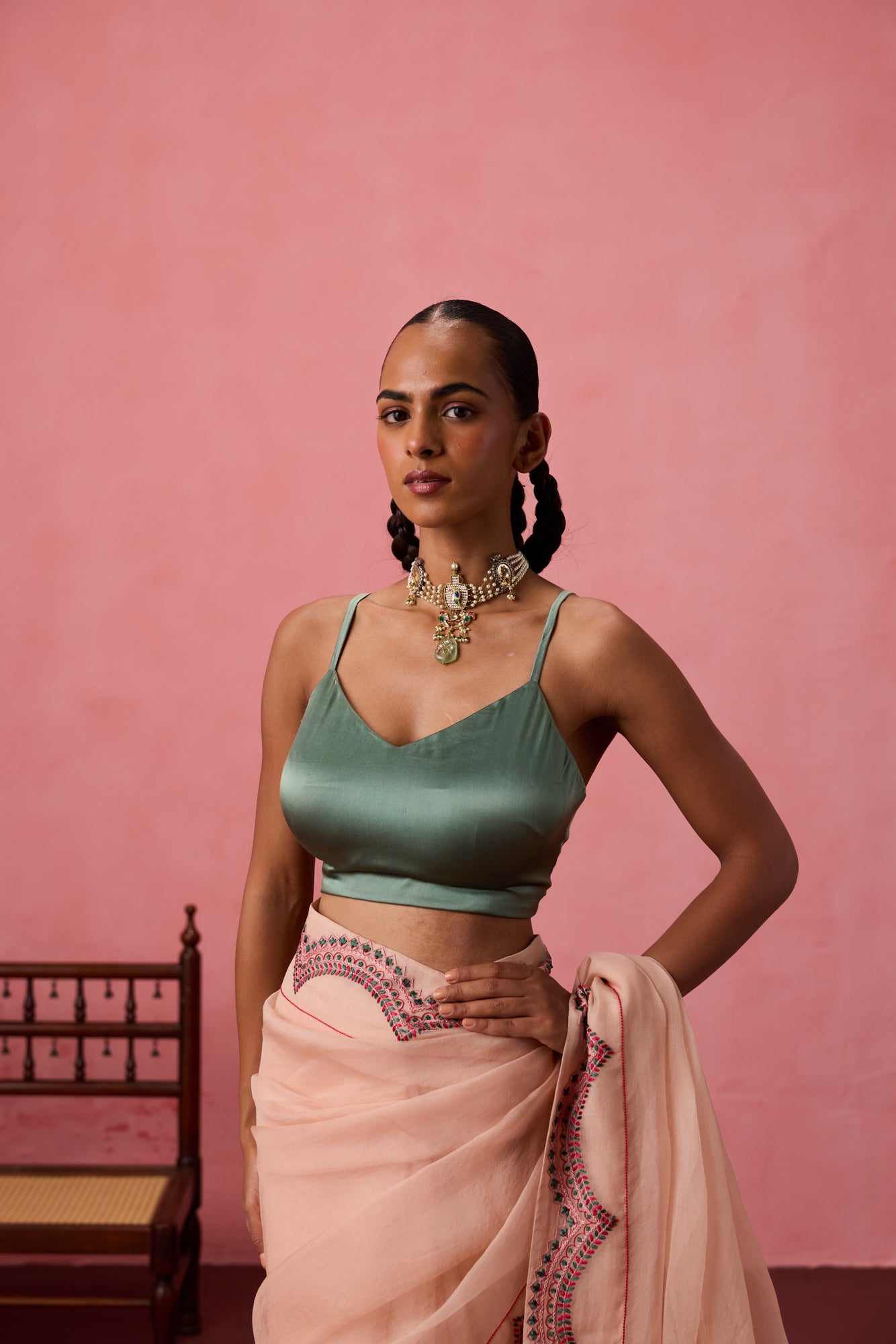 Sage green satin silk stitched blouse