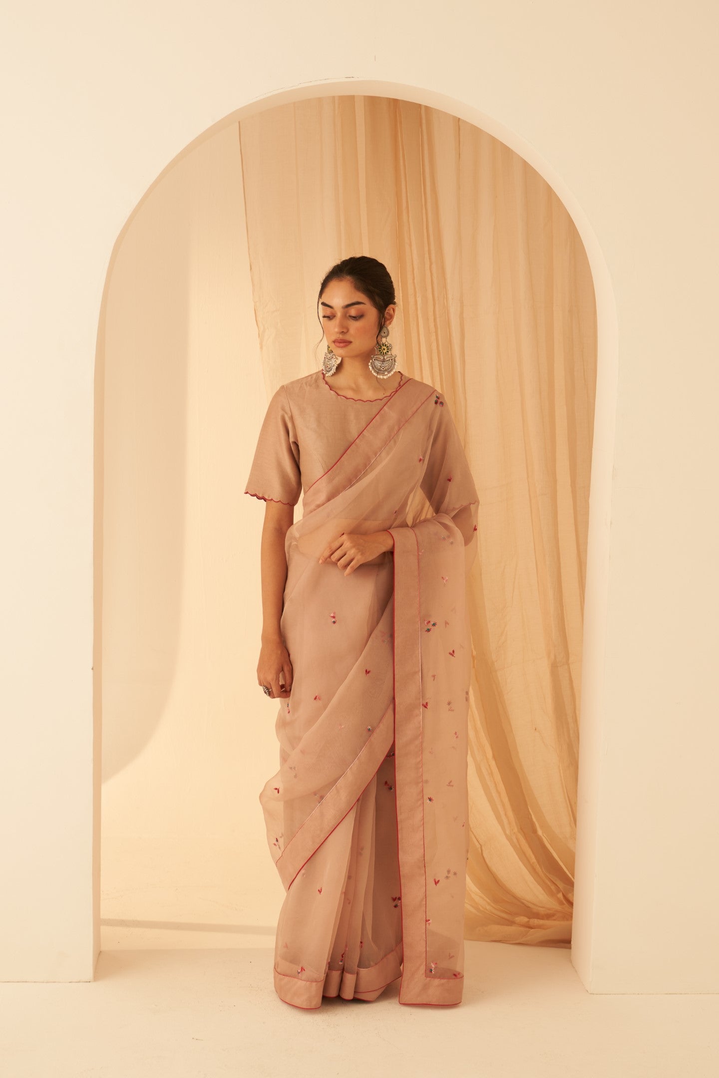 Light rose gold organza aari handwork embroidered saree